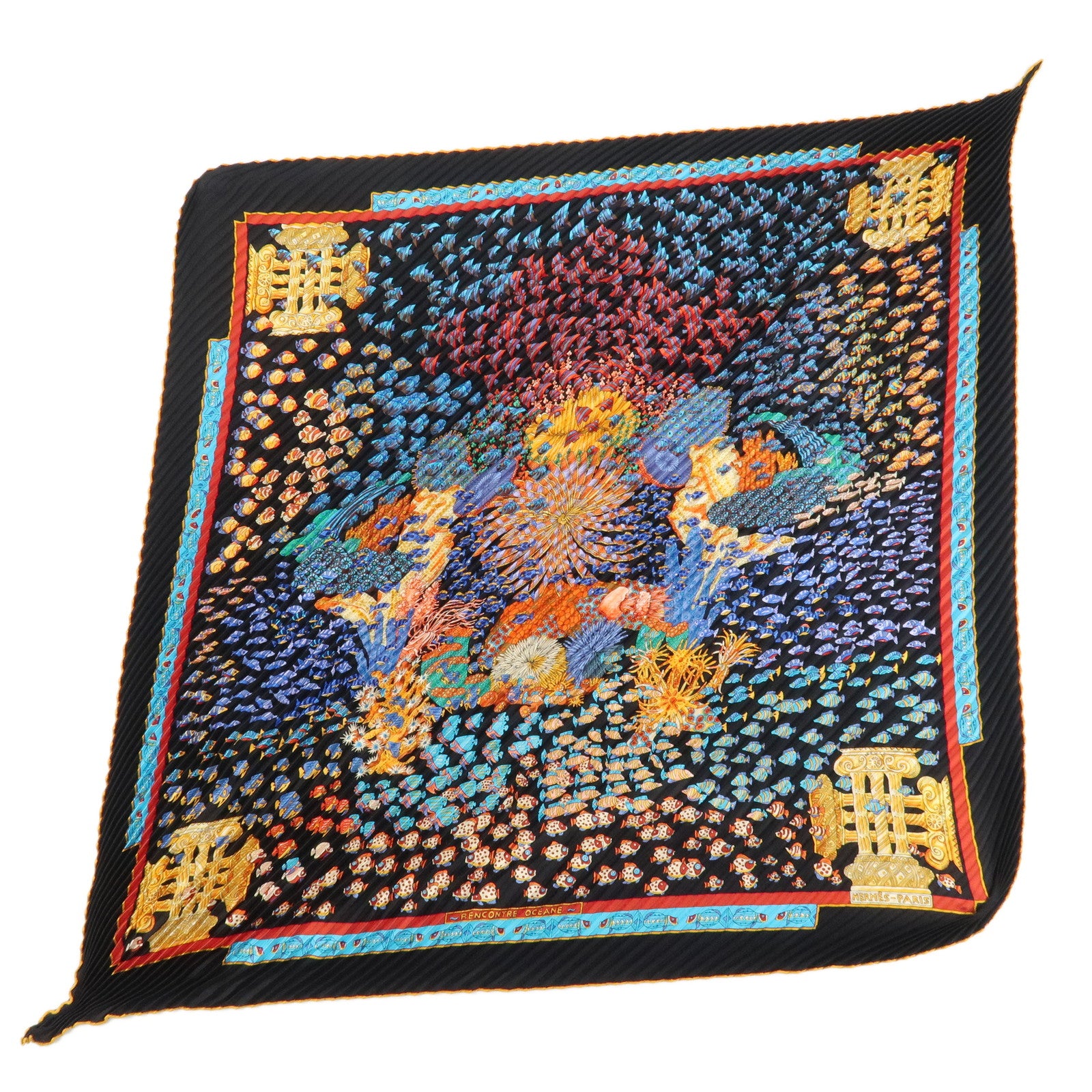 HERMES 100% Silk Pleats Carre Scarf ASTRES et SOLEILS Blue Multi Color Used