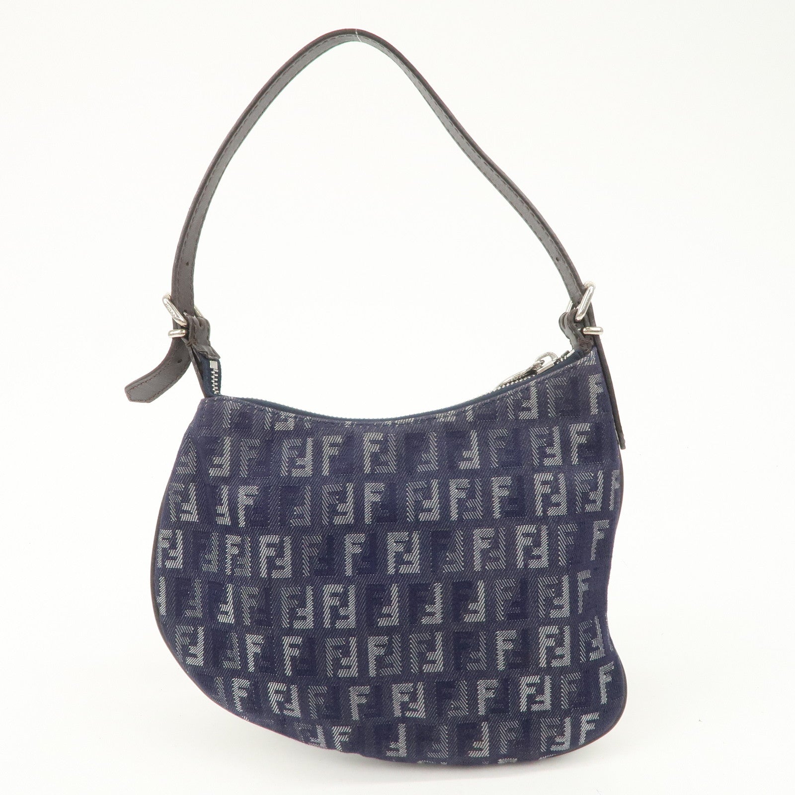 FENDI Zucchino Canvas Leather Shoulder Bag Hand bag Navy 8BR248 Used