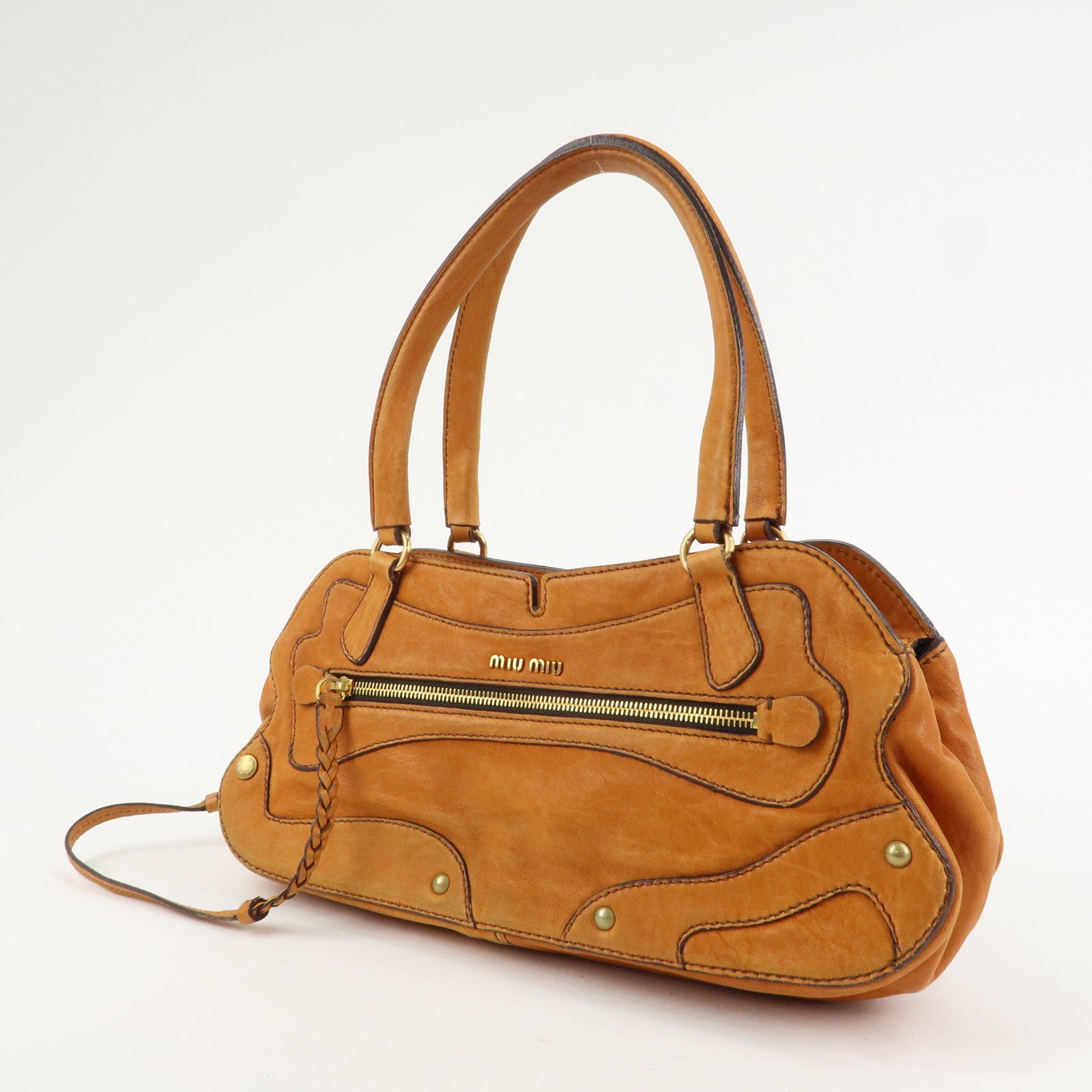 MIUMIU Logo Leather Shoulder Bag Boston Bag Hand Bag Gold HDW Brown Used