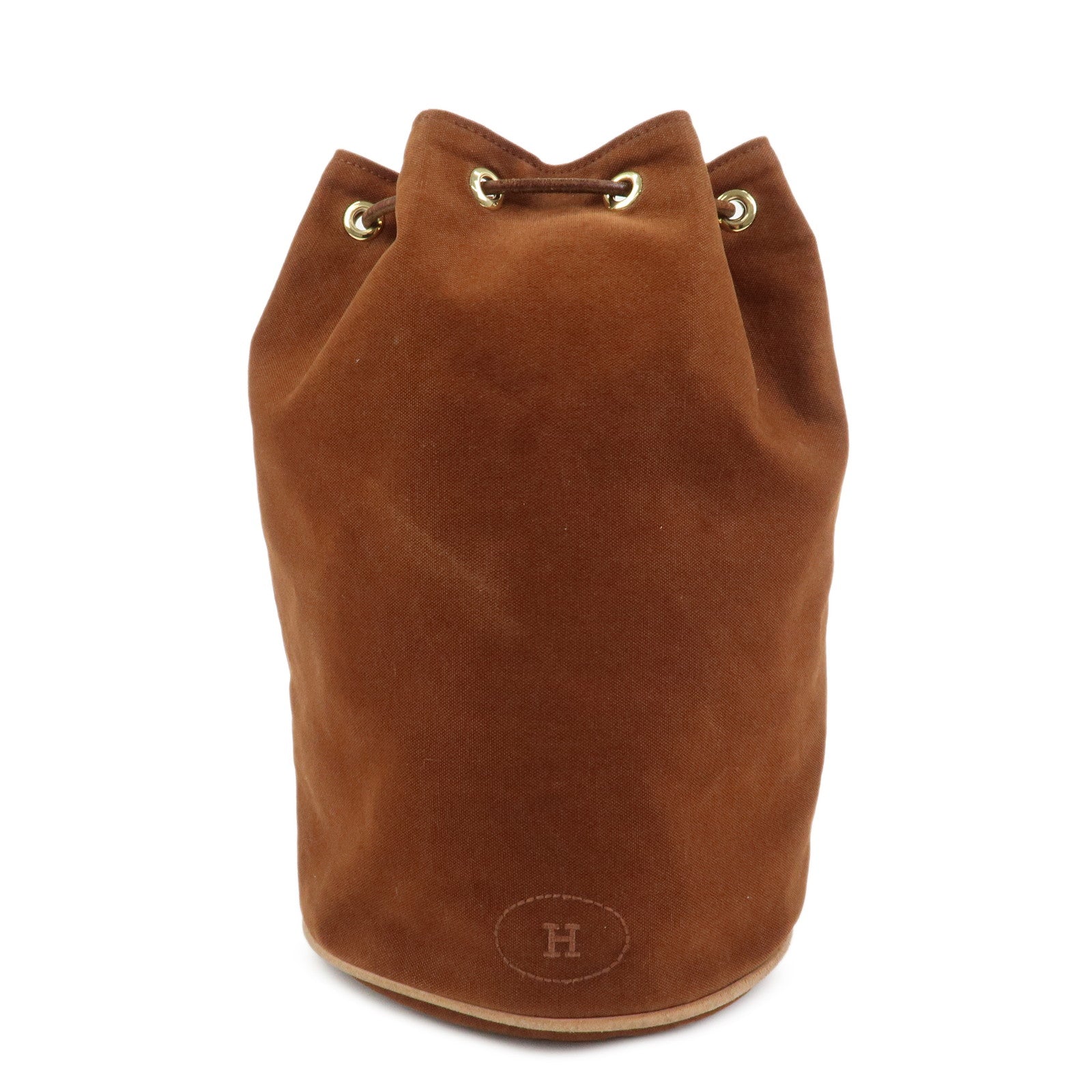 HERMES Canvas Leather Porochon Mimil PM Drawstring Backpack Brown