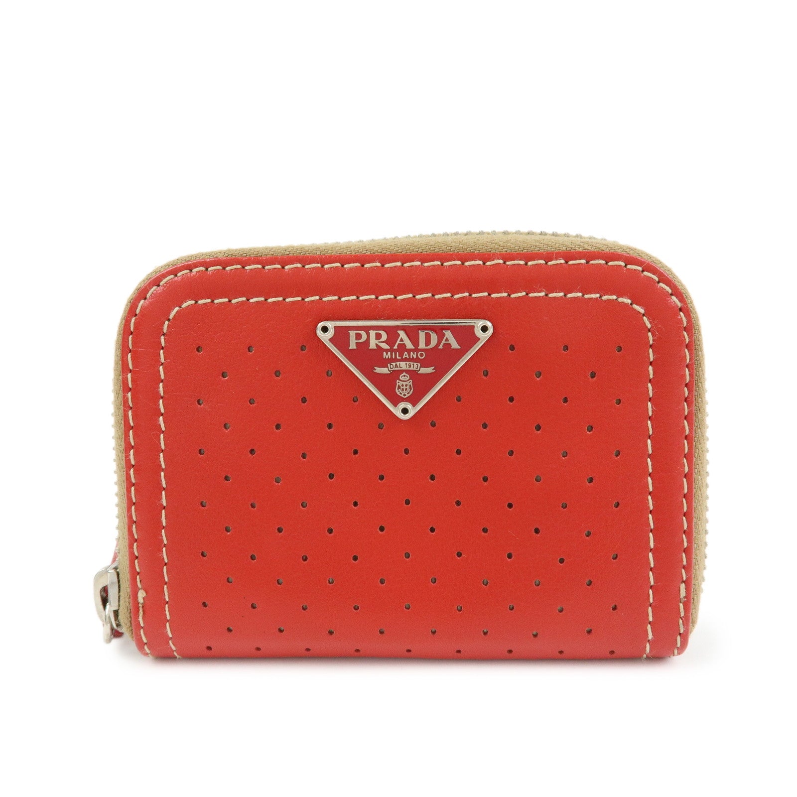 PRADA Triangle Logo Punched Leather Round Zippy Coin Case Red