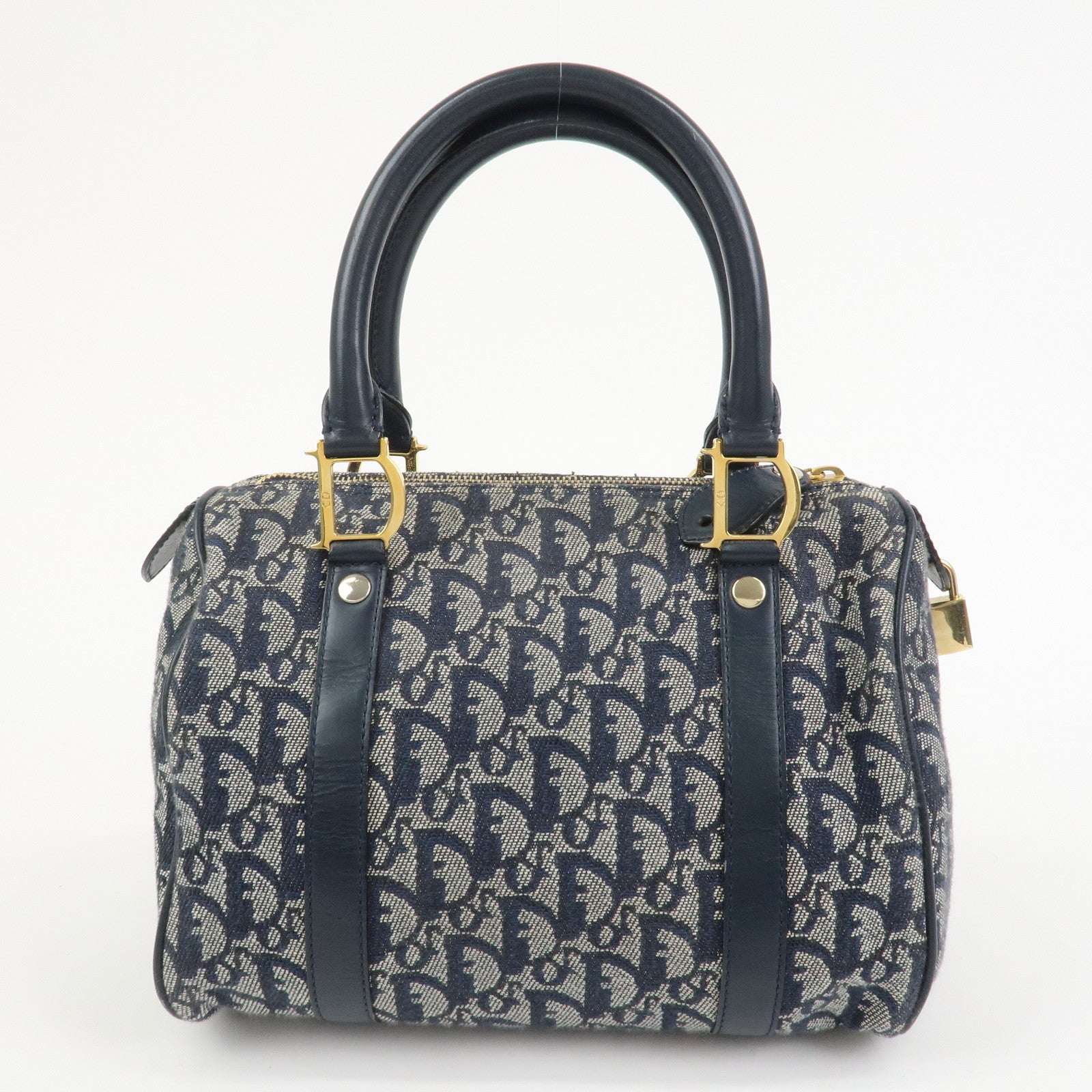 Christian Dior Trotter Jacquard Canvas Leather Boston Bag Navy