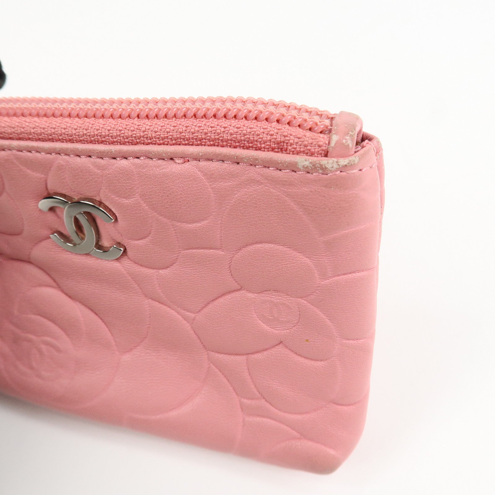 CHANEL Camellia Lamb Skin Leather Coin Case Pink