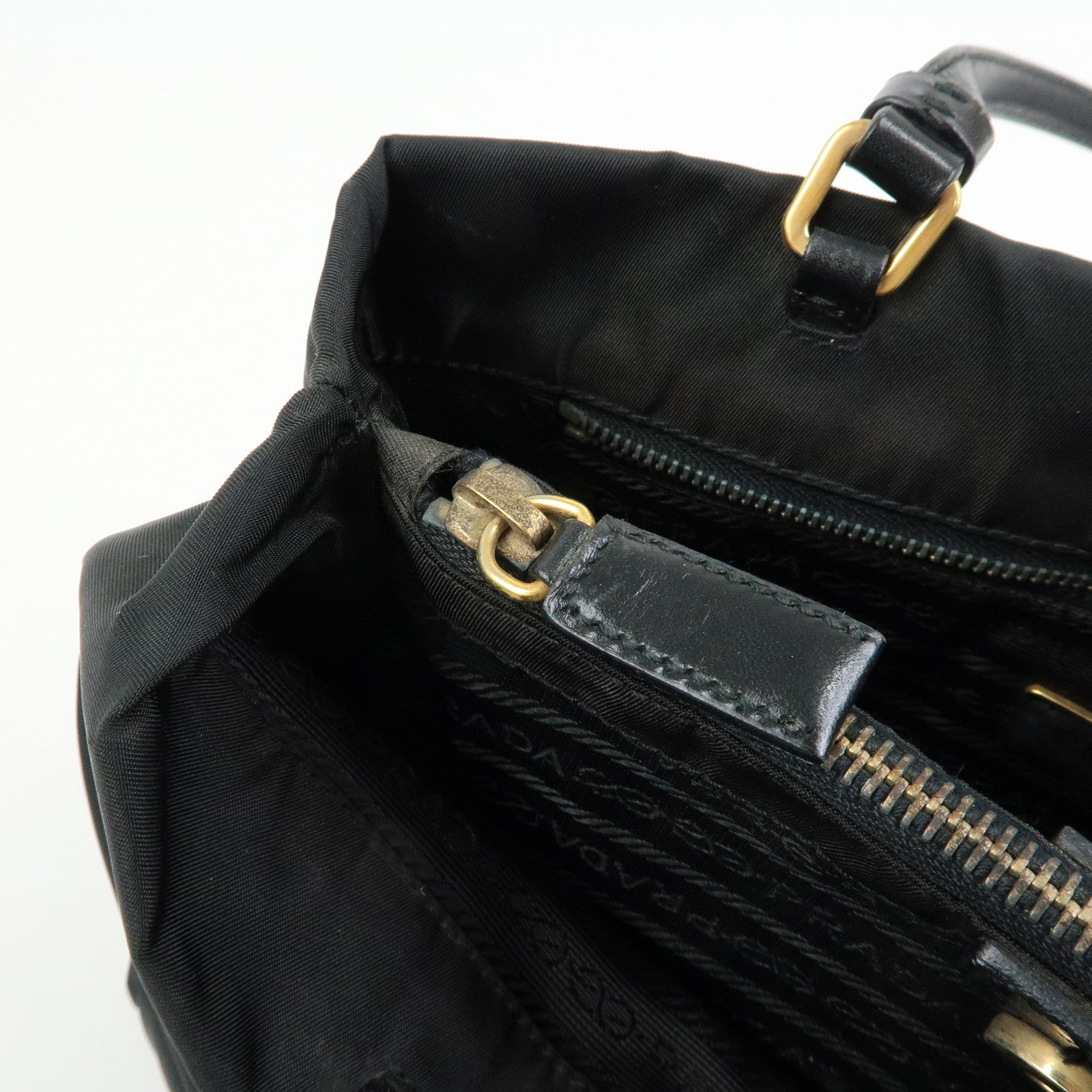 PRADA Triangle Logo Nylon Leather Tote Bag Hand Shoulder Bag Black