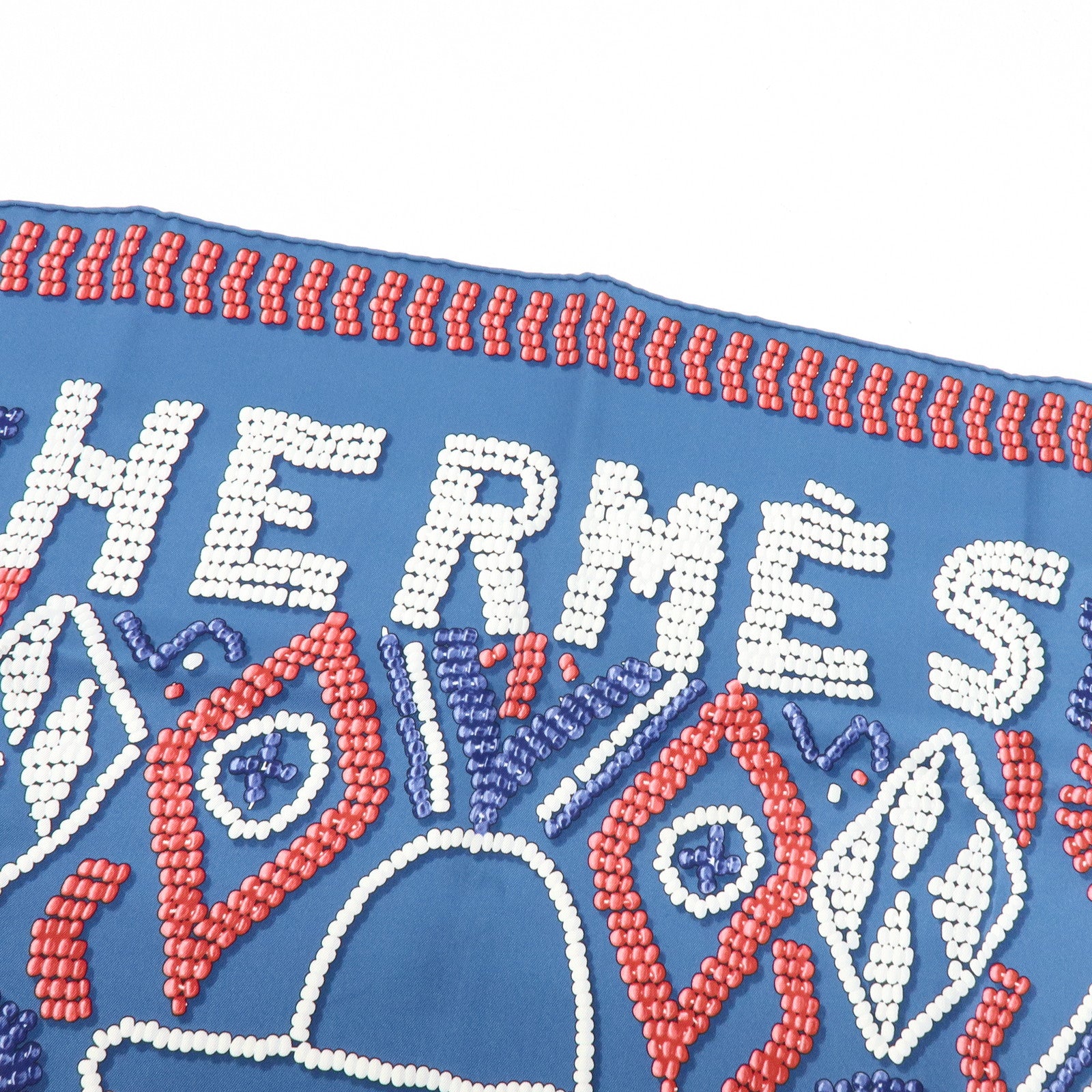 HERMES Carre 65 Silk 100% Scarf KELLY EN PERLES Pearl Print Blue