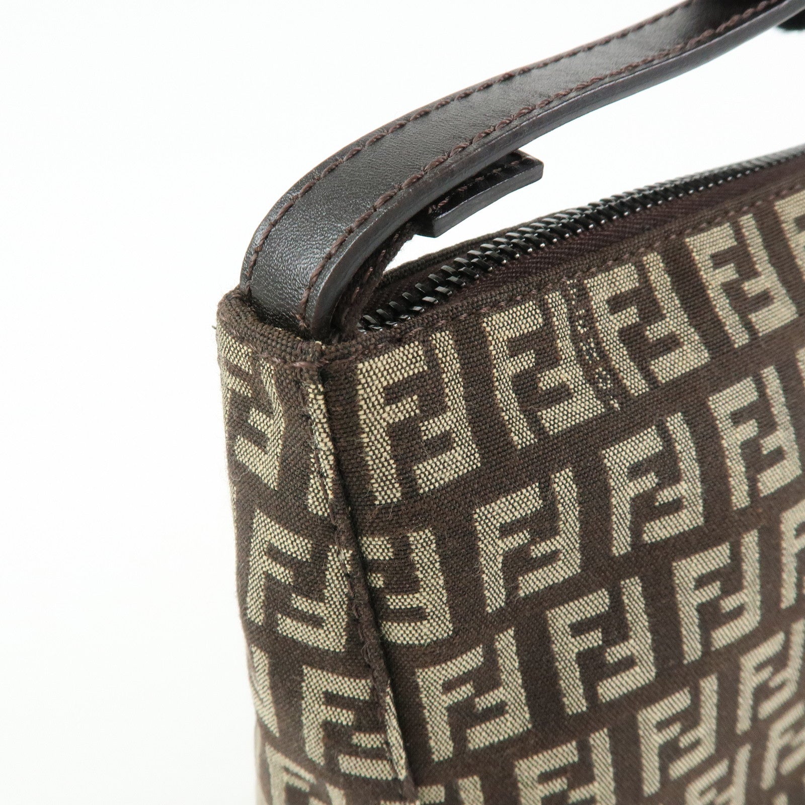FENDI Zucchino Canvas Leather Hand Bag Pouch Brown 8N0005