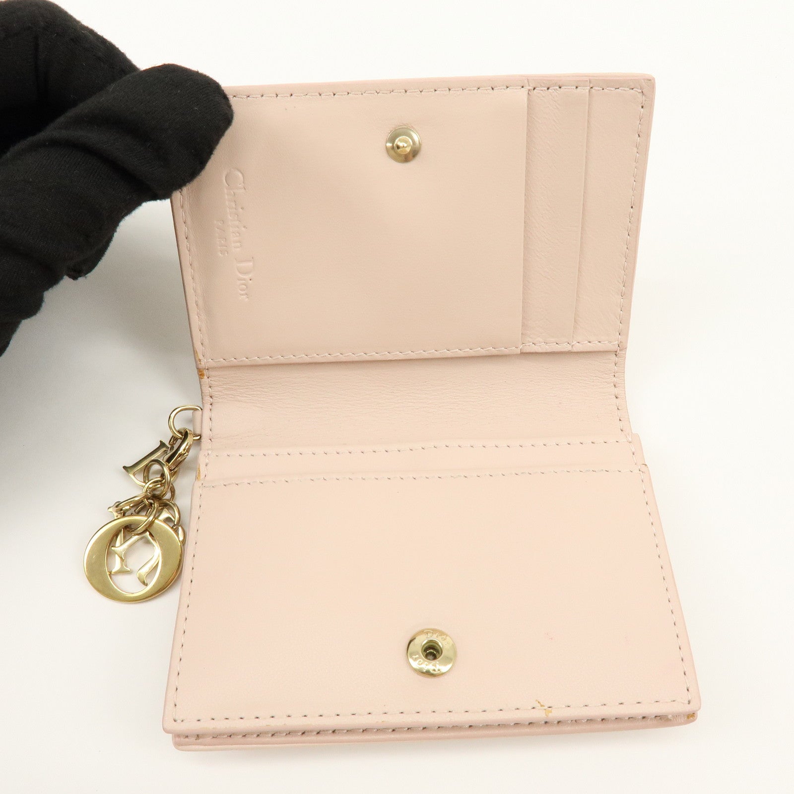 Christian Dior Lady Dior Canage Leather Card Case Pink Beige