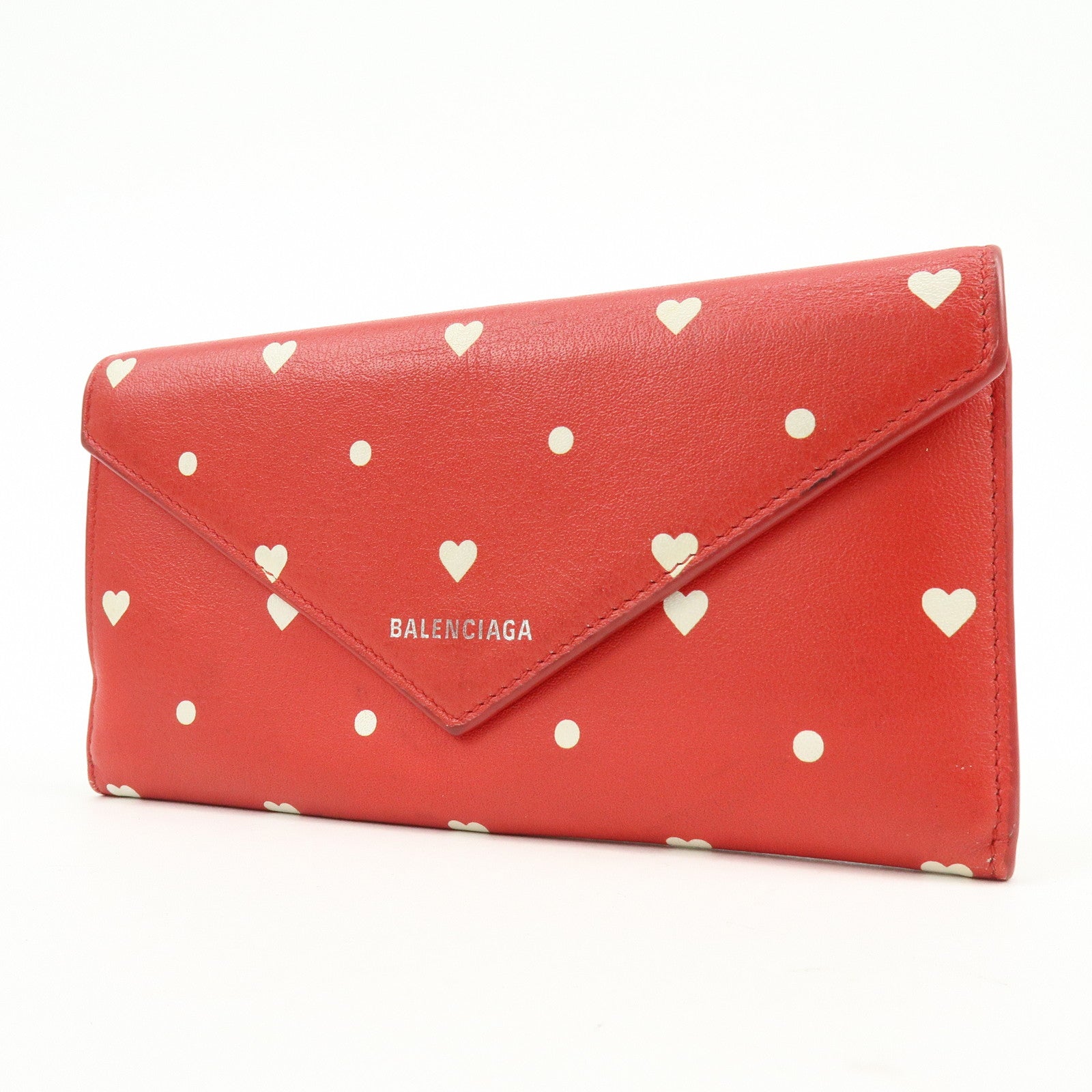 BALENCIAGA The Papier Leather Long Wallet Heart Dots Red 499207