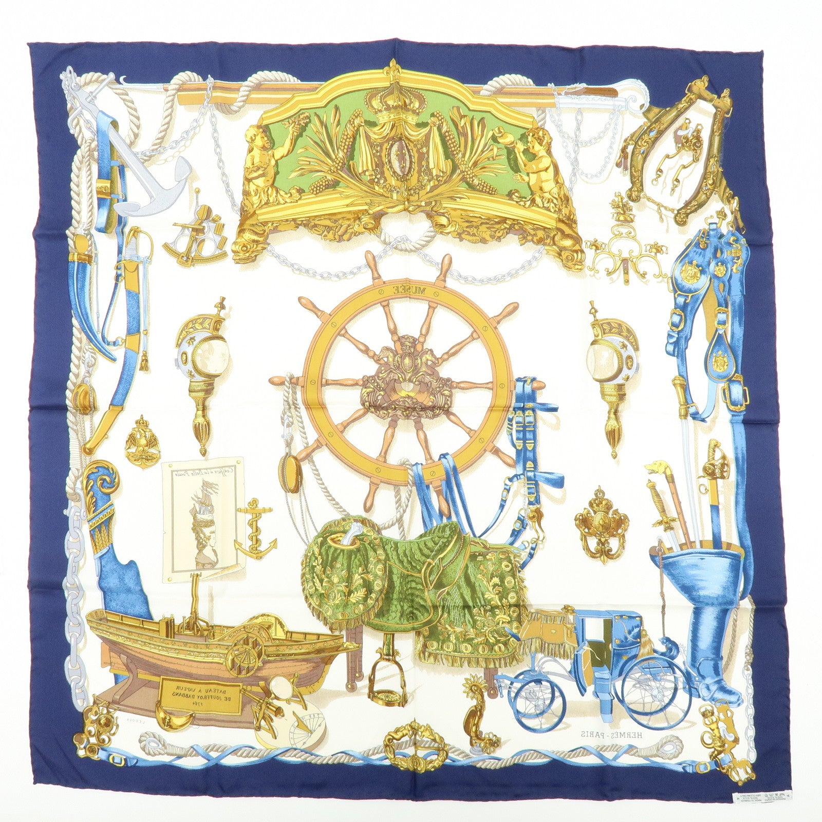 HERMES Carre 90 Silk 100% Scarf MUSEE Navy Ivory