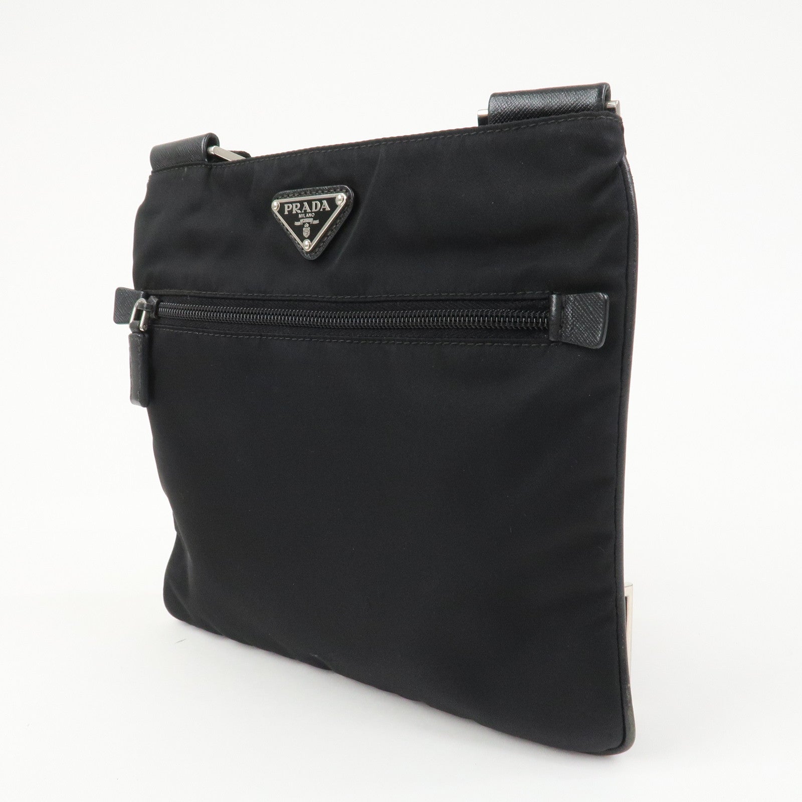 PRADA Triangle Logo Nylon Leather Shoulder Bag Black 1BH978