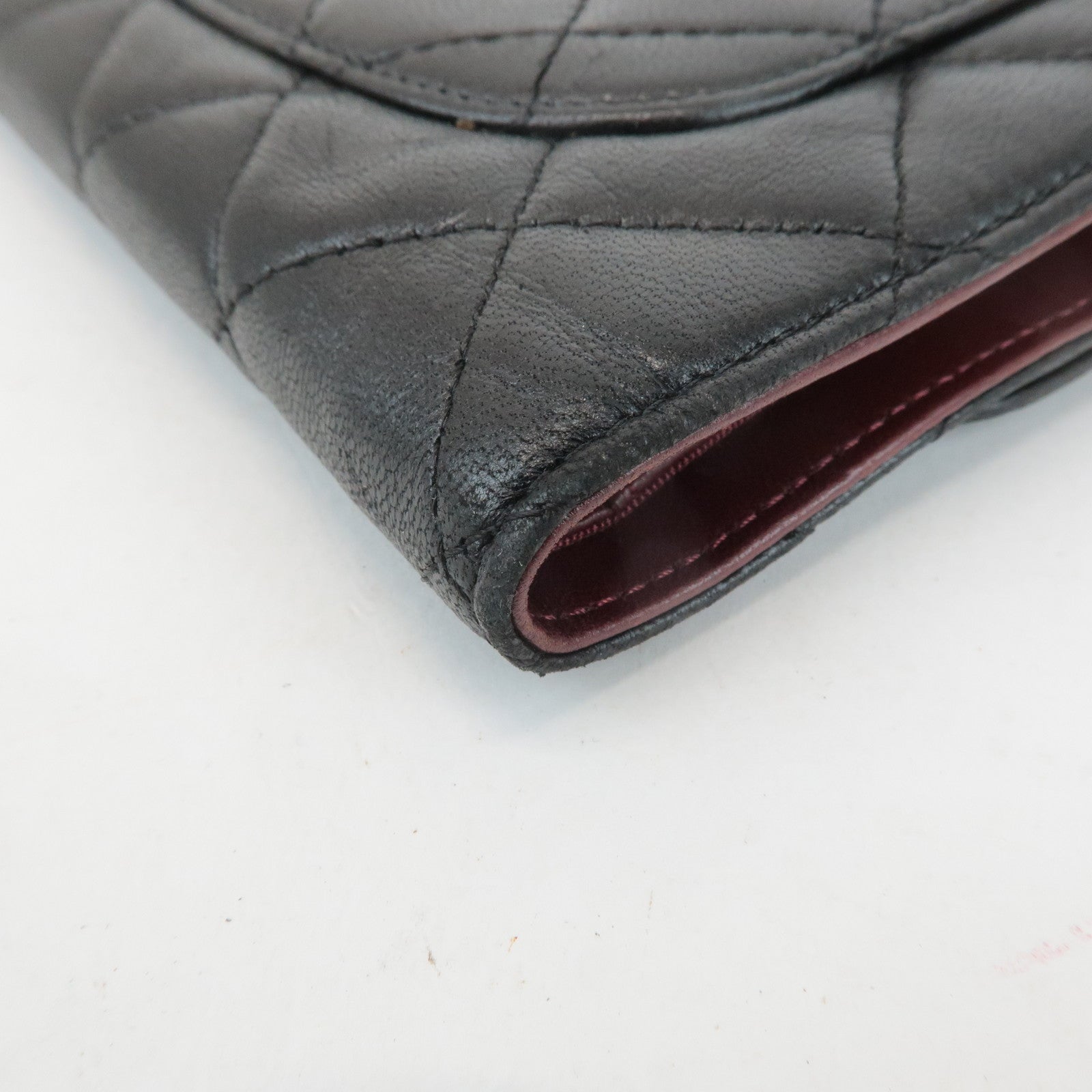 CHANEL Matelasse Lamb Skin Tri-Fold Long Wallet Black A31506 Used