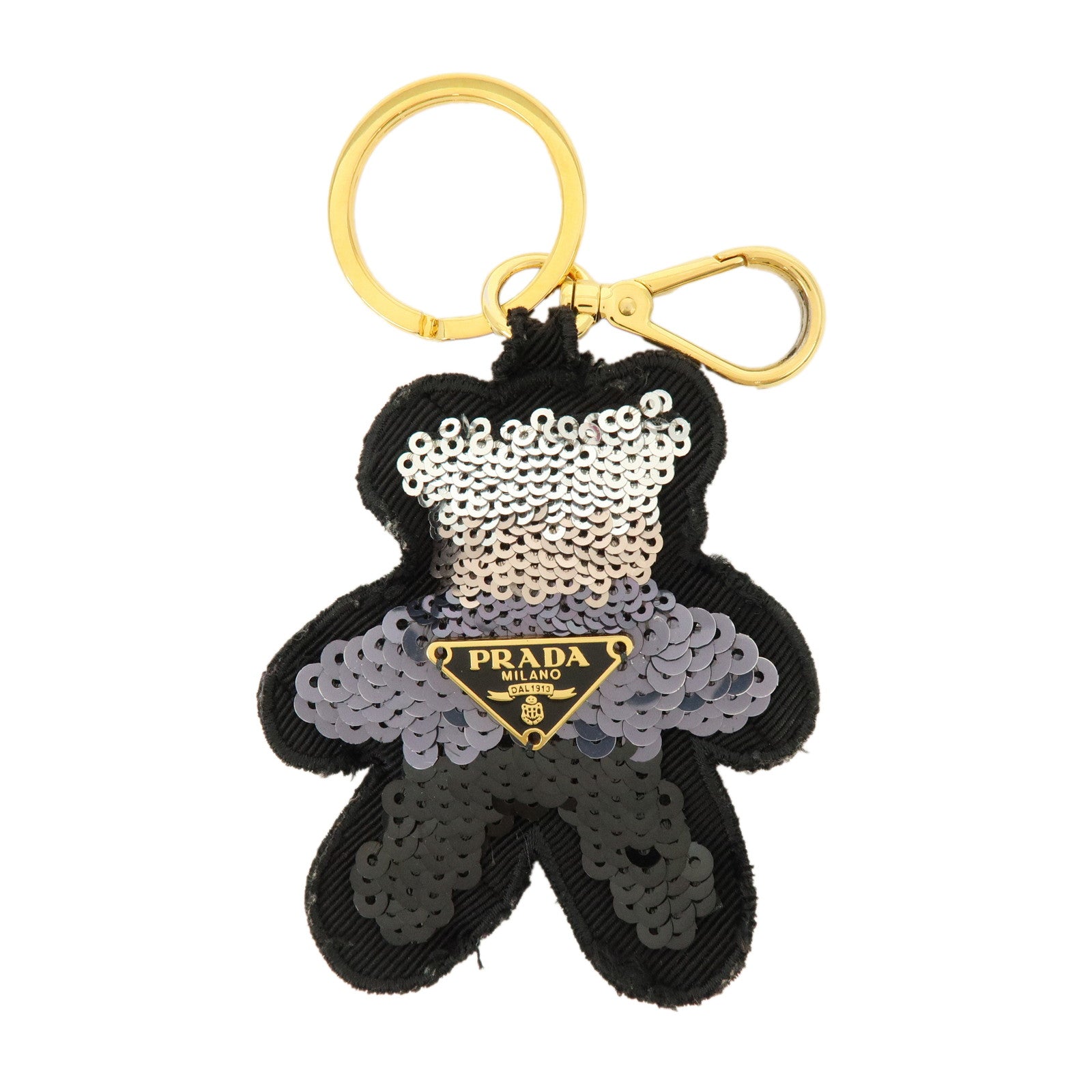 PRADA Bear Motif Canvas Sequins Bag Charm Key Holder Black Silver