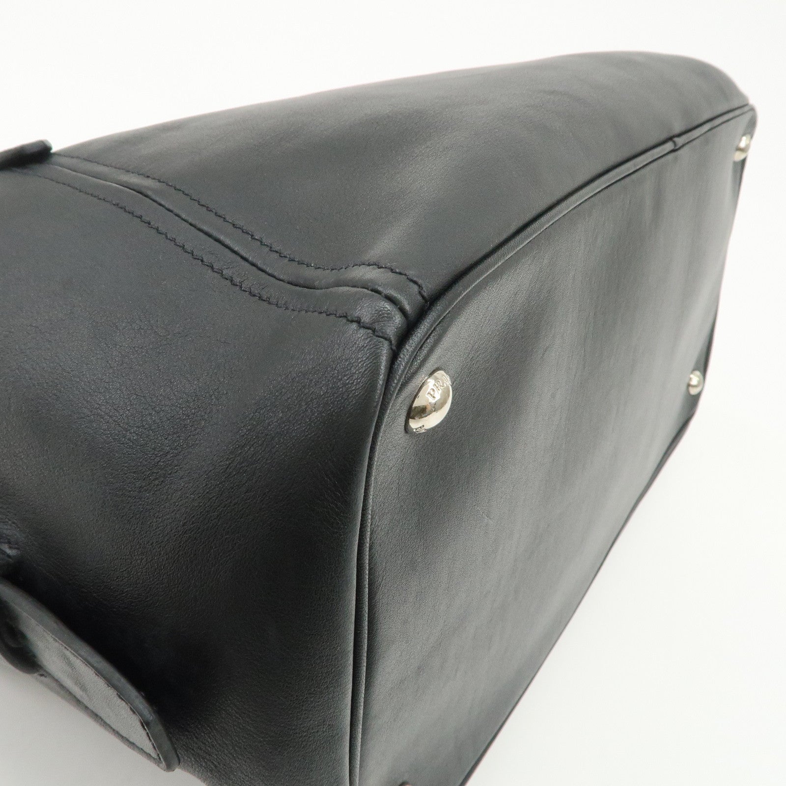 PRADA Triangle Logo Leather Boston Bag Shoulder Bag Black BR4998