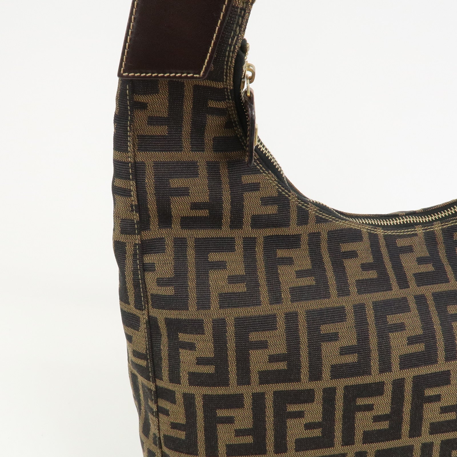 FENDI Zucca Canvas Leather Shoulder Bag Hand Bag Brown Black