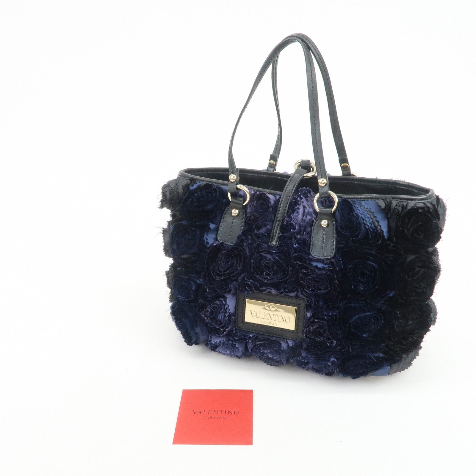 VALENTINO Logo Nylon Leather Hand Bag Navy Gold