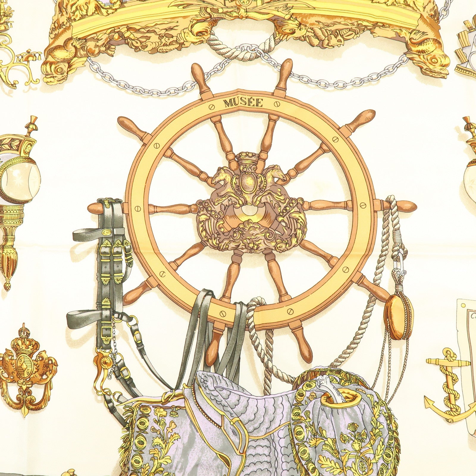 HERMES Carre 90 Silk 100% Scarf MUSEE Museum Print Red Beige