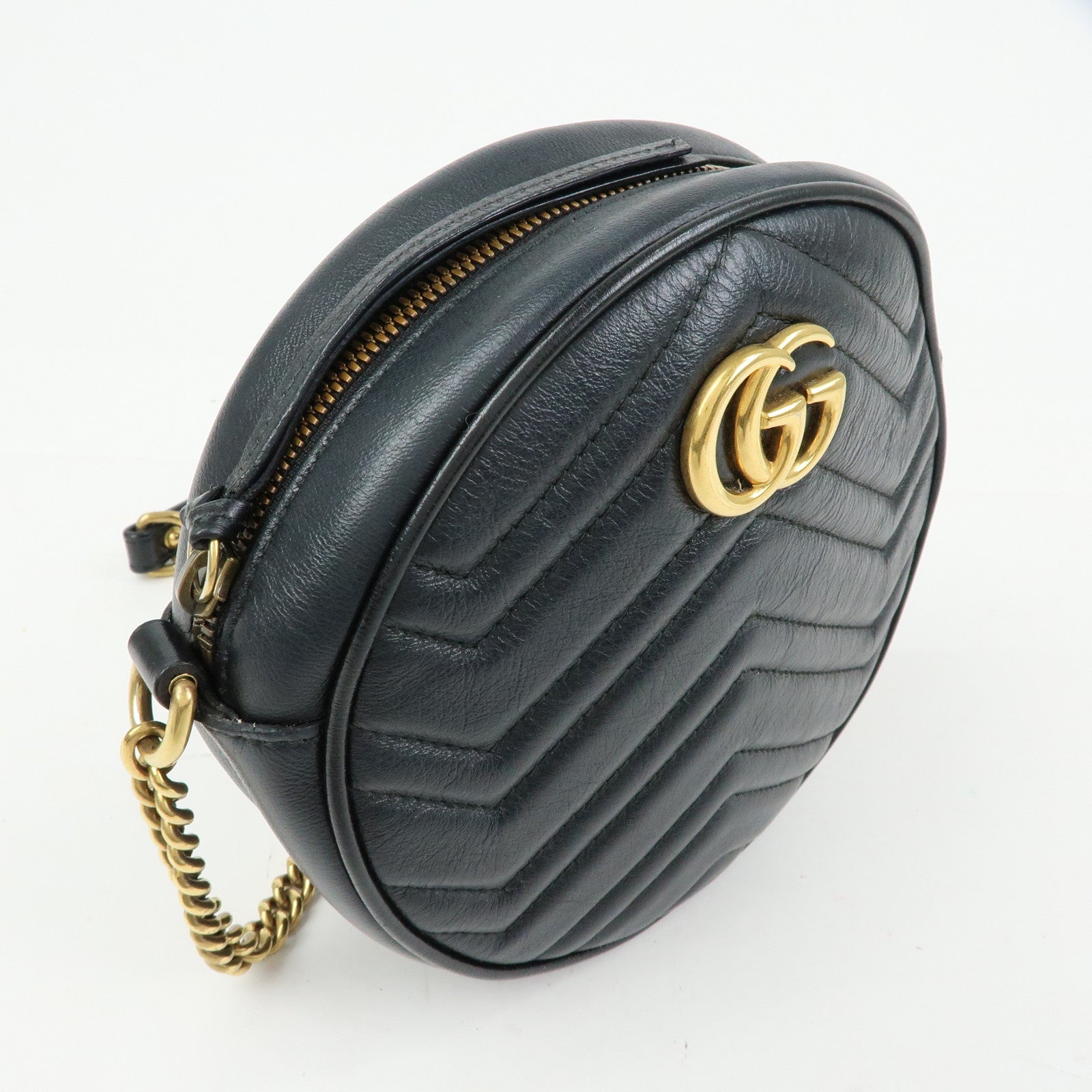 GUCCI GG Marmont Leather Chain Shoulder Round Bag Black 550154