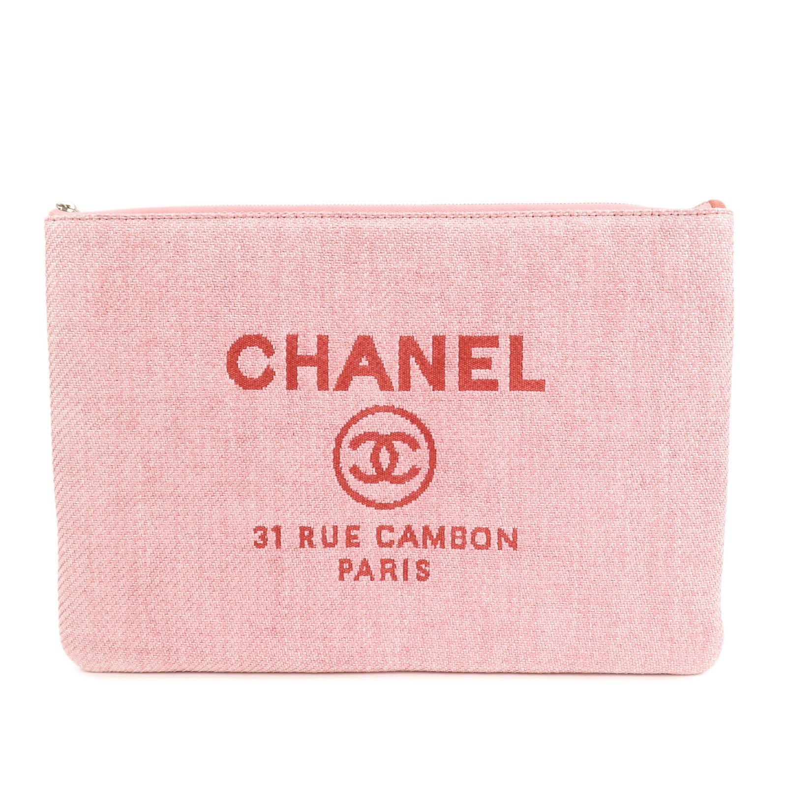 CHANEL Deauville Straw Clutch Bag Pouch Pink Red