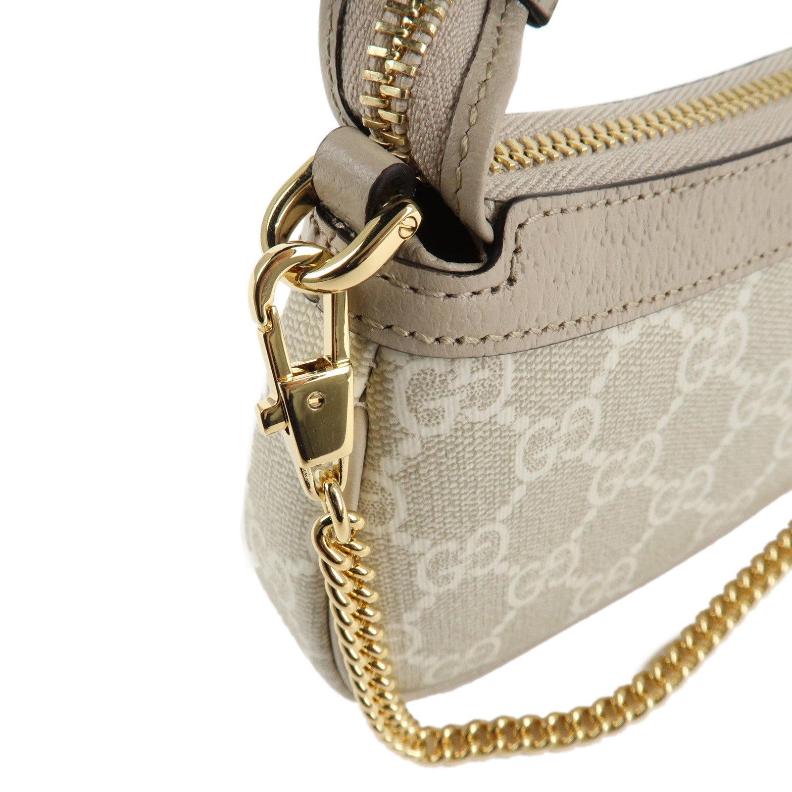 GUCCI Leather GG Supreme Chain Pouch Hand Bag Beige Brown 764960 Used