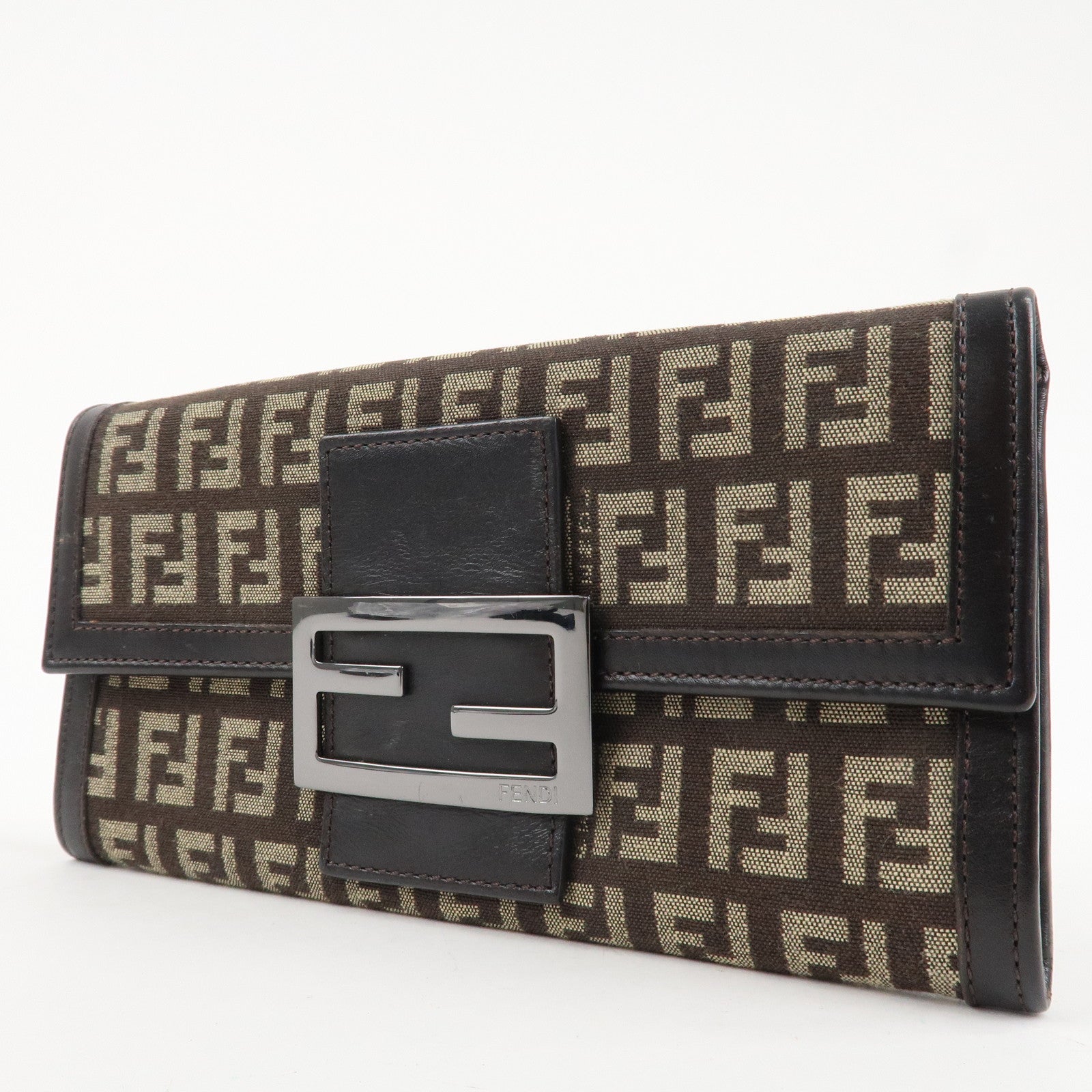 FENDI Zucchino Canvas Leather Bi-Fold Long Wallet Dark Brown 8M0021 Used