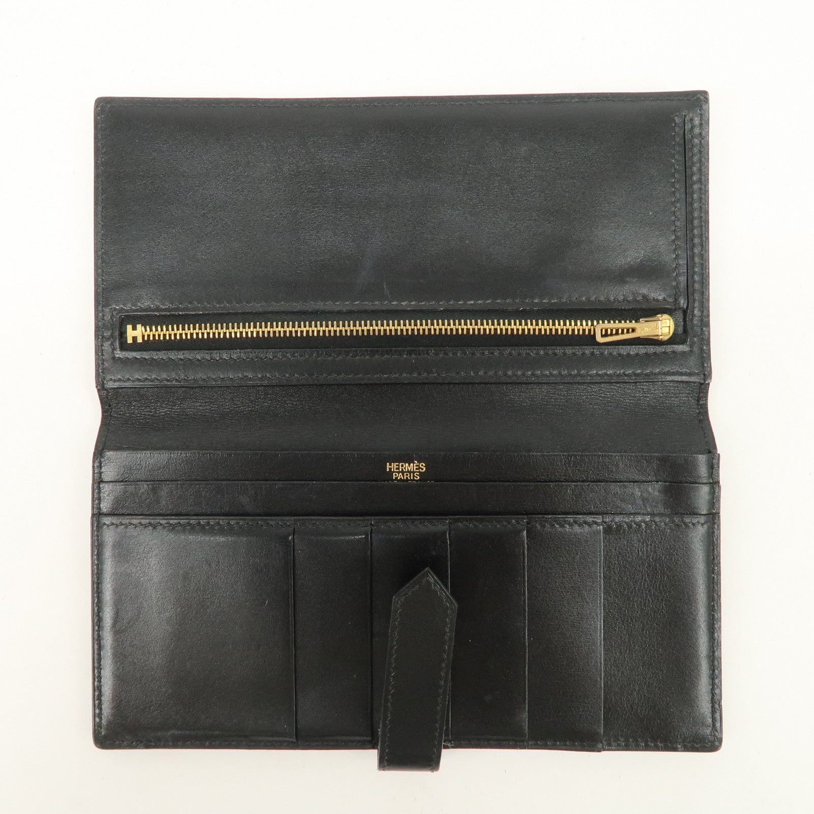 HERMES Bearn Leather Long Wallet H Stamped Black Gold HDW Used