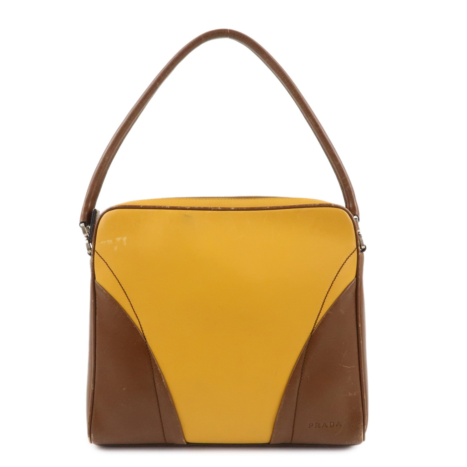 PRADA Leather Shoulder Bag Hand Bag Bi-color Mustard Brown Used