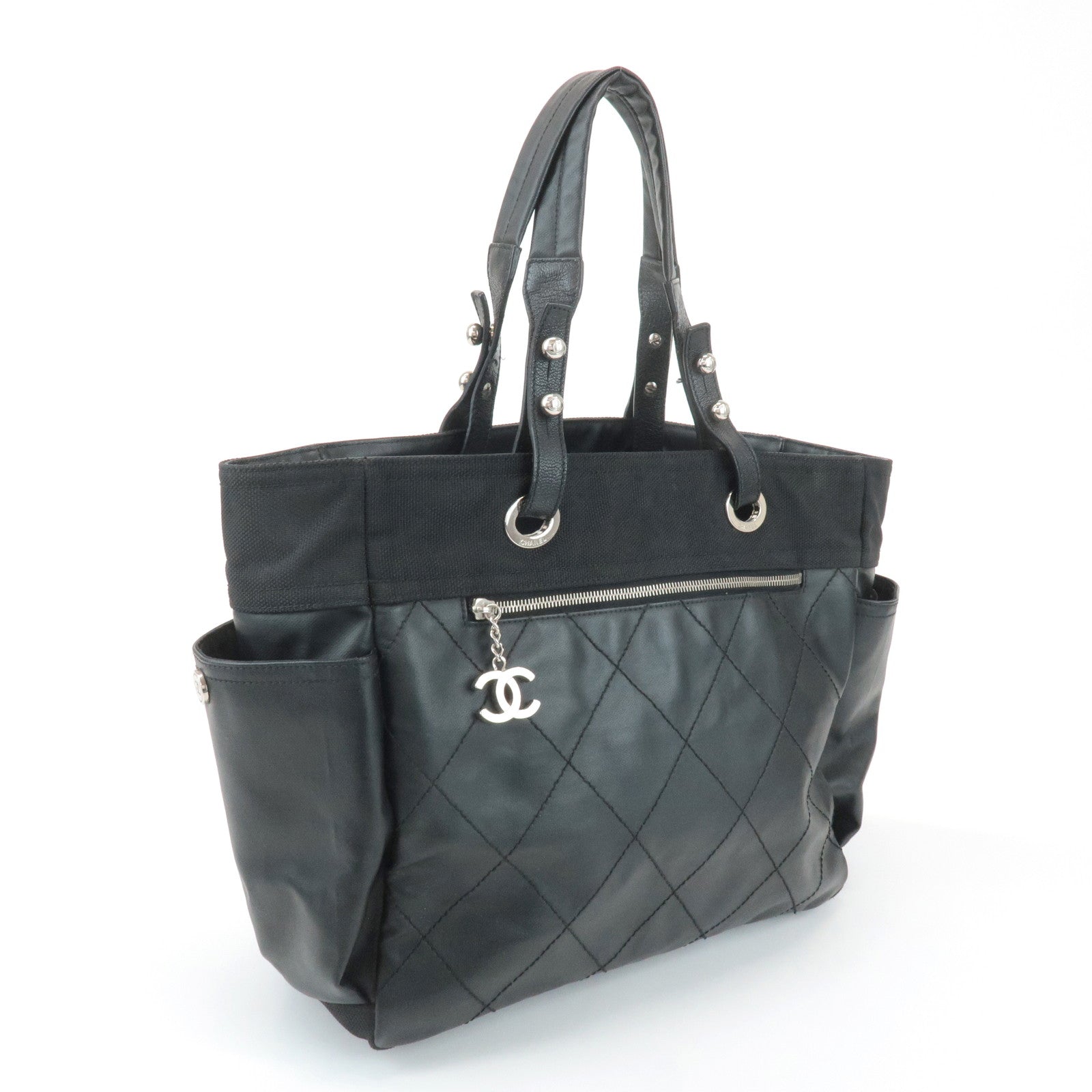 CHANEL COCO Paris Biarritz GM Coated Canvas Leather Tote Bag Black