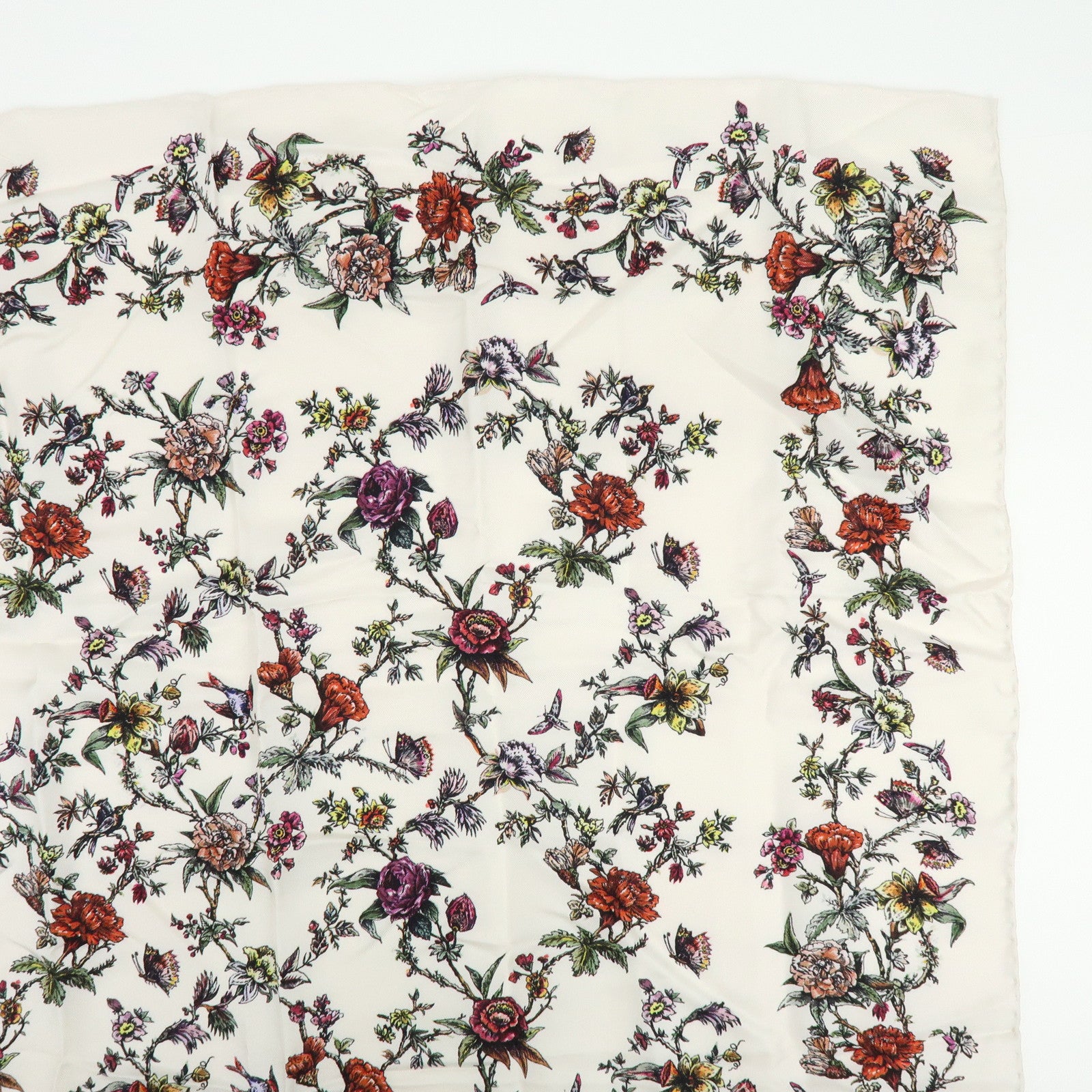 Christian Dior Flower Motif Silk 100% Scarf Ivory Multicolor