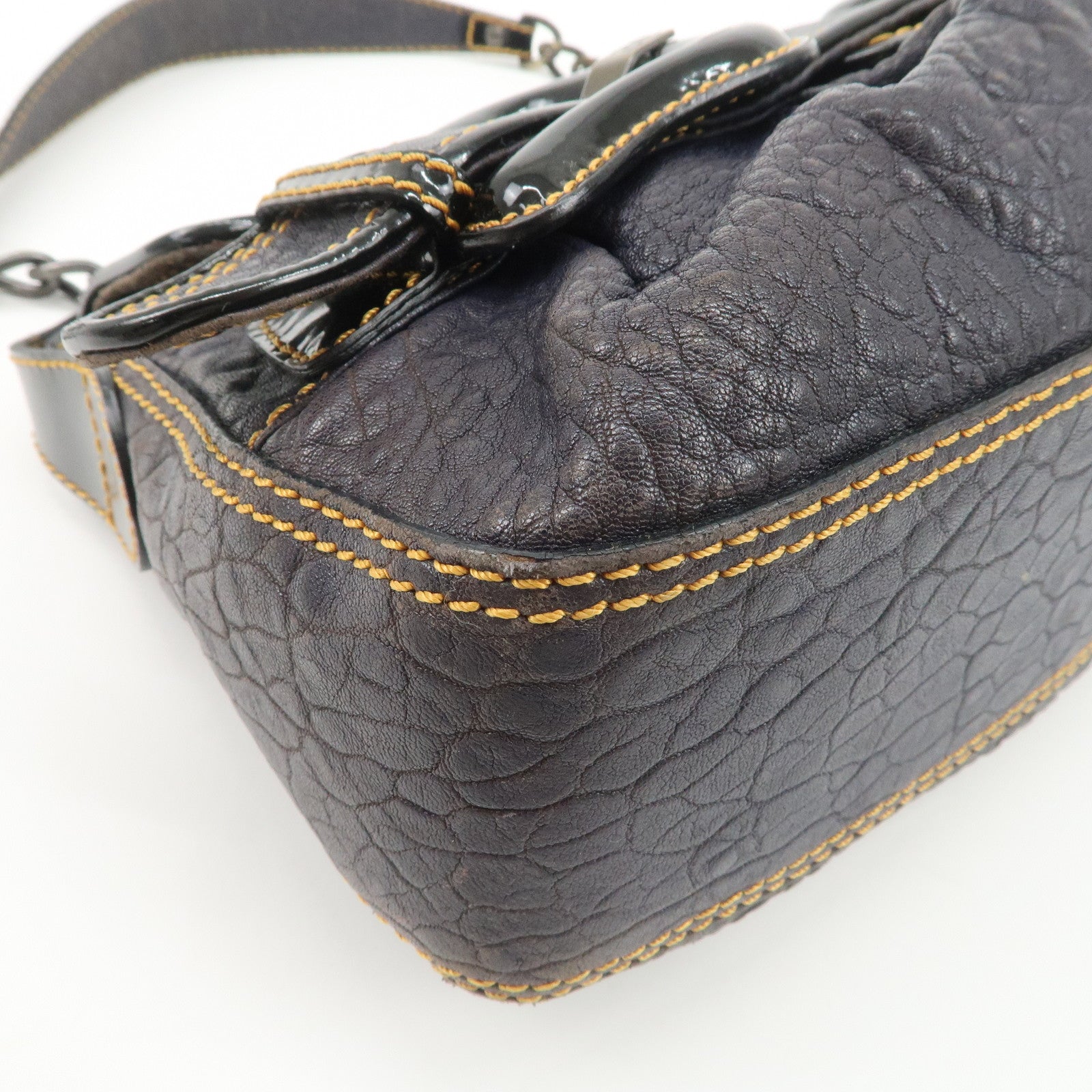 FENDI Leather Patent Leather shoulder Bag Belt Navy 8BR551