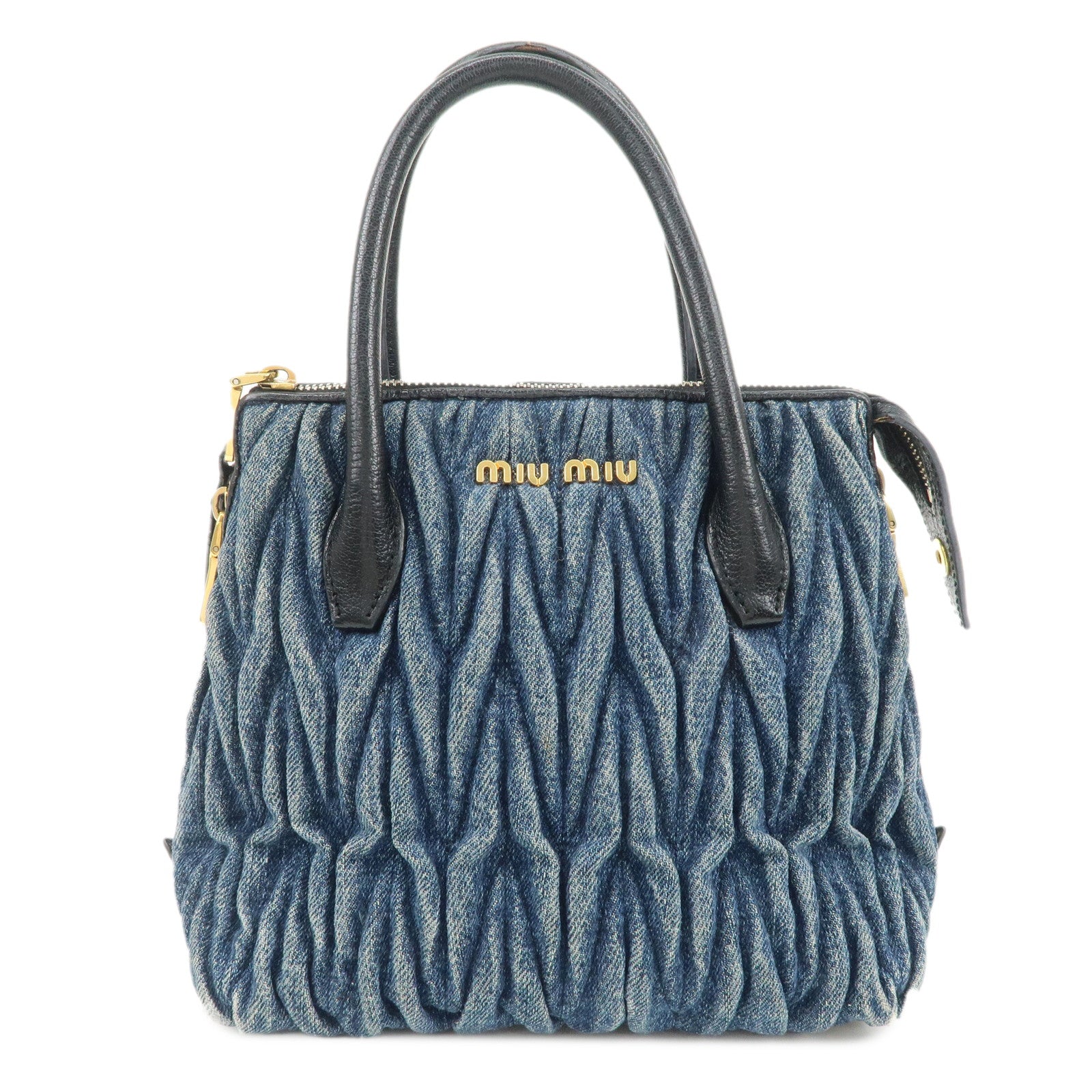 MIUMIU Matelasse Leather Denim 2Way Bag Black Indigo Blue 5BA003 Used