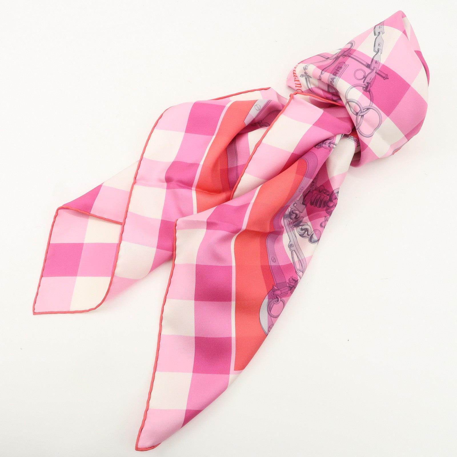 HERMES Carre 90 Silk 100% Scarf MORS et Gourmettes Pink Used