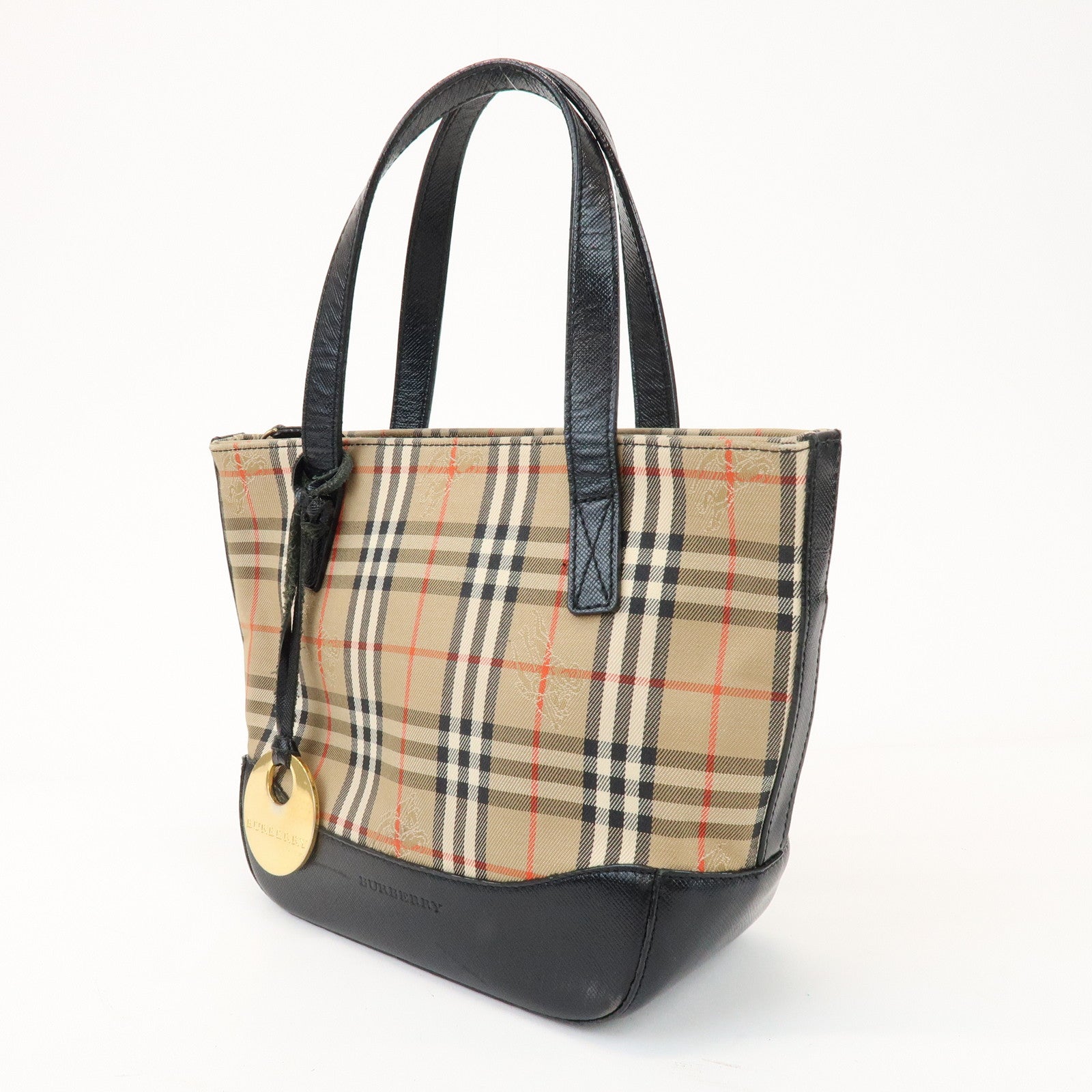 BURBERRY Nova Plaid Canvas Leather Small Hand Bag Black Beige