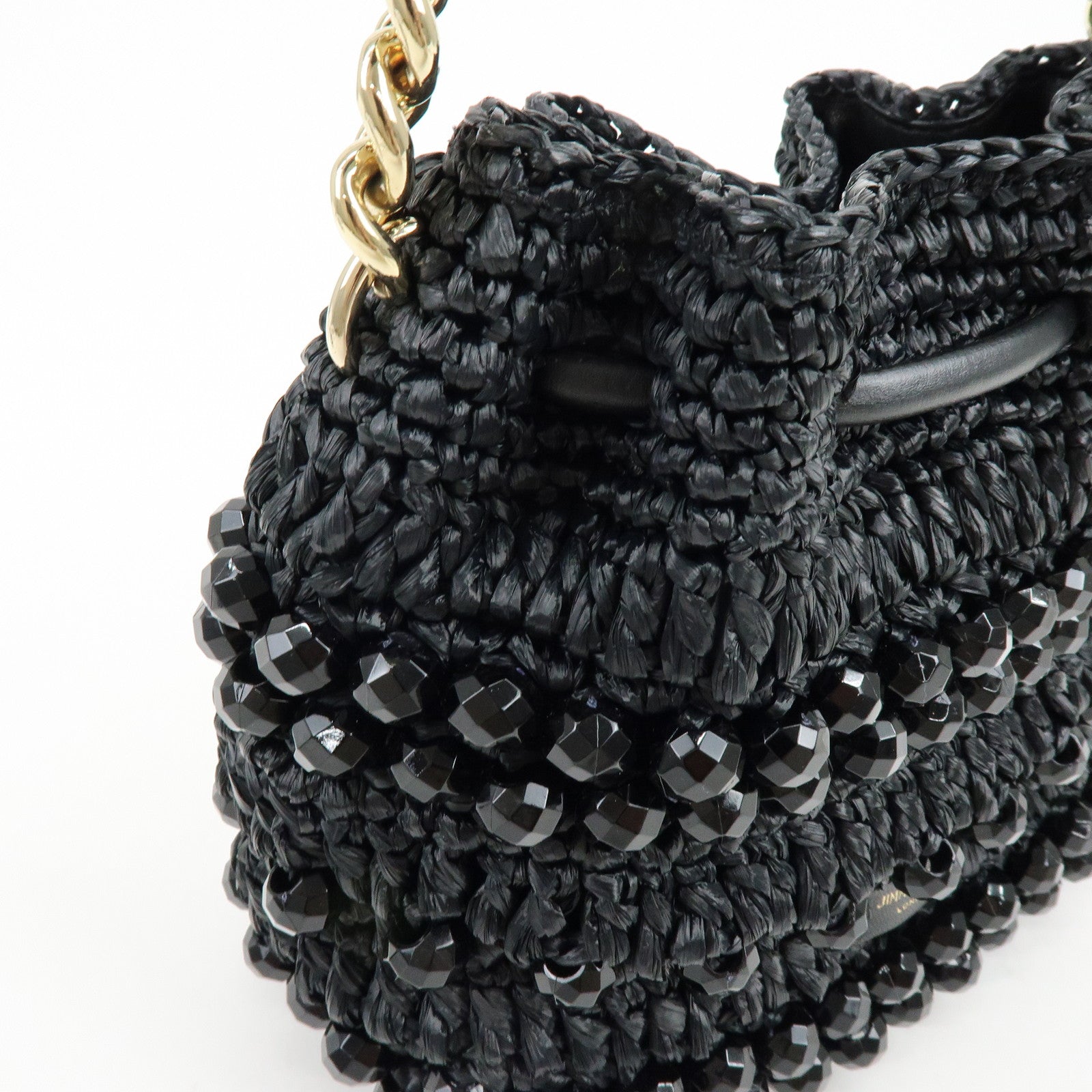 JIMMY CHOO BON BON Raffia Beads Leather 2Way Mini Bag Black