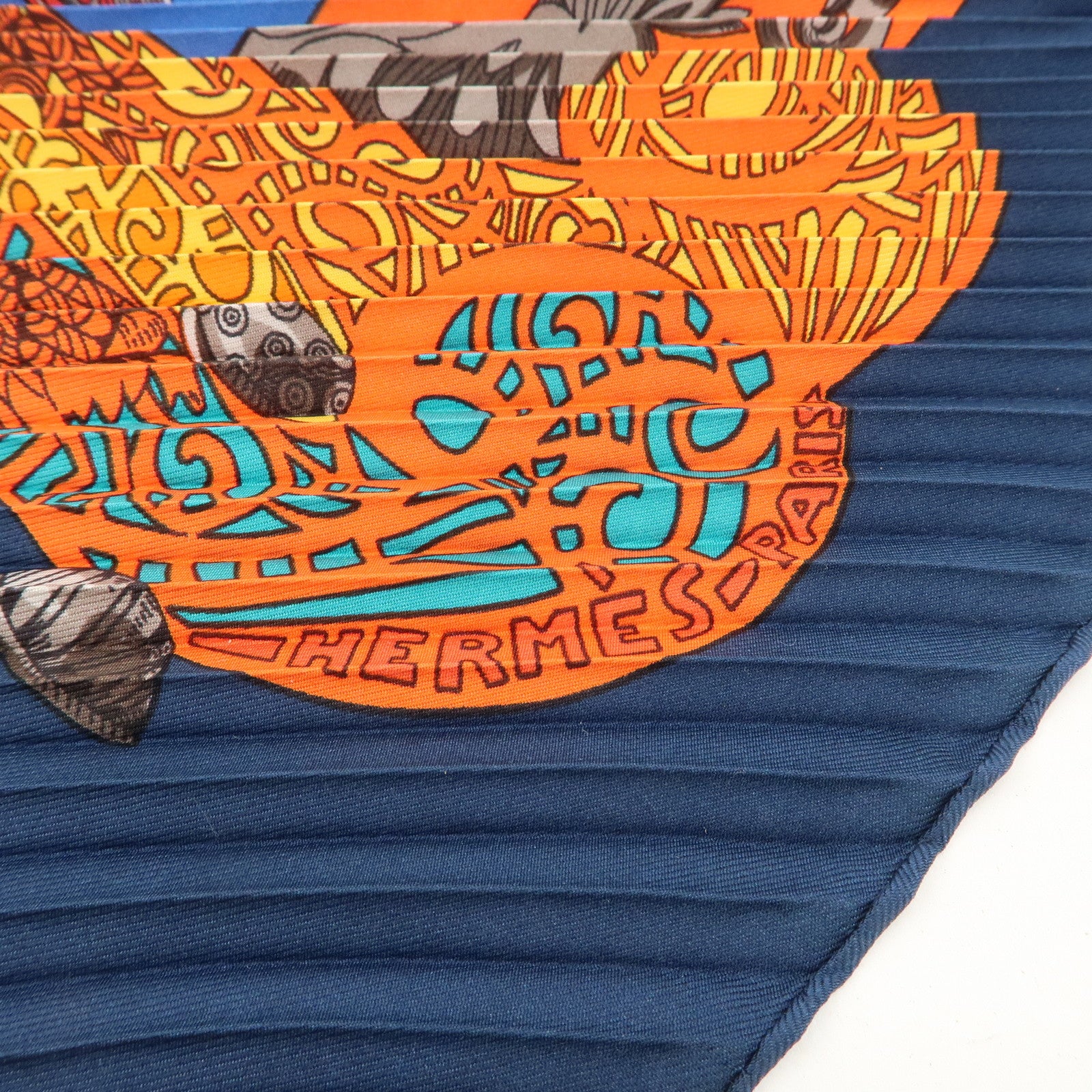 HERMES Silk 100% Pleats Carre Scarf L'ATLANTiDE Navy Red Used