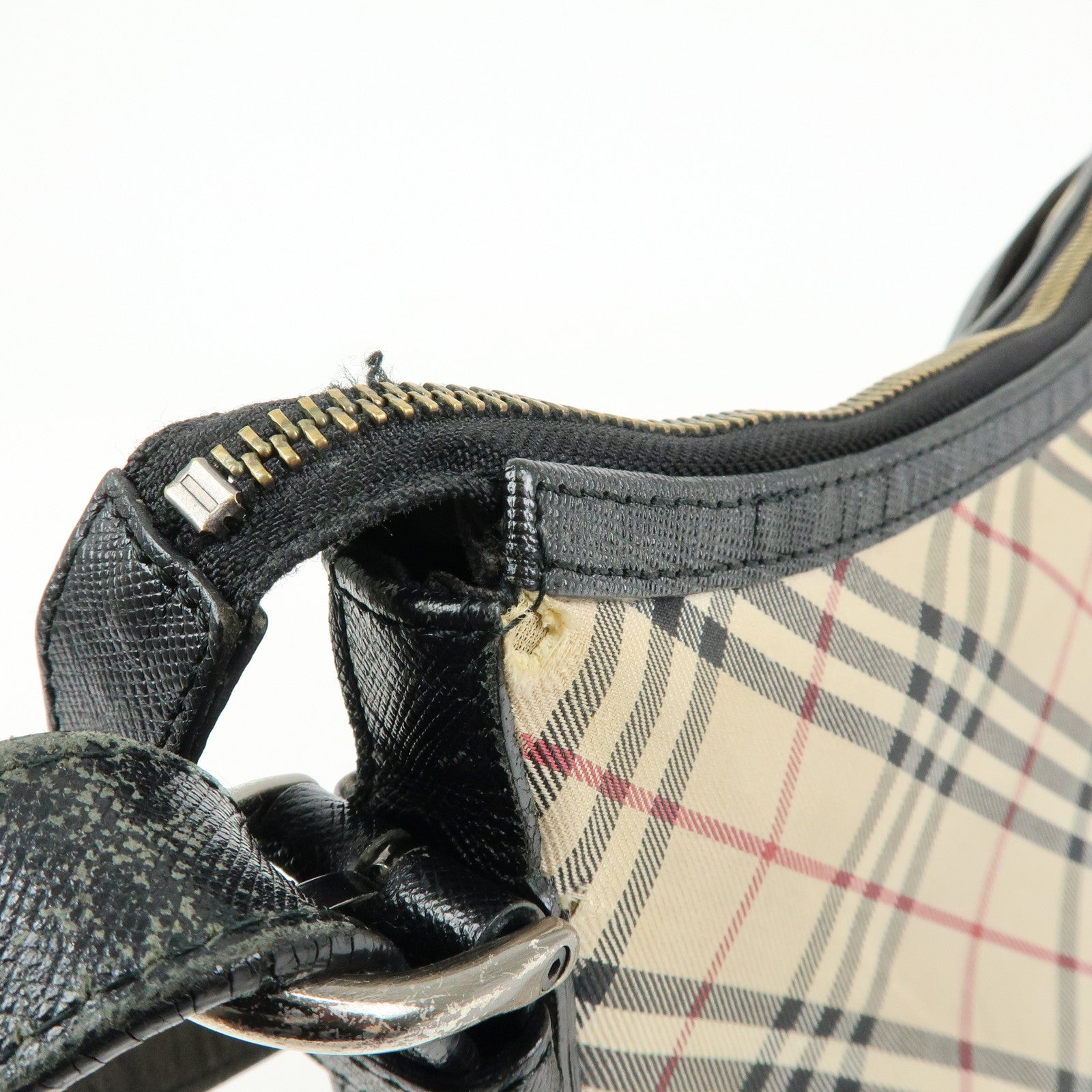 BURBERRY Nova Plaid Canvas Leather Shoulder Bag Beige Black