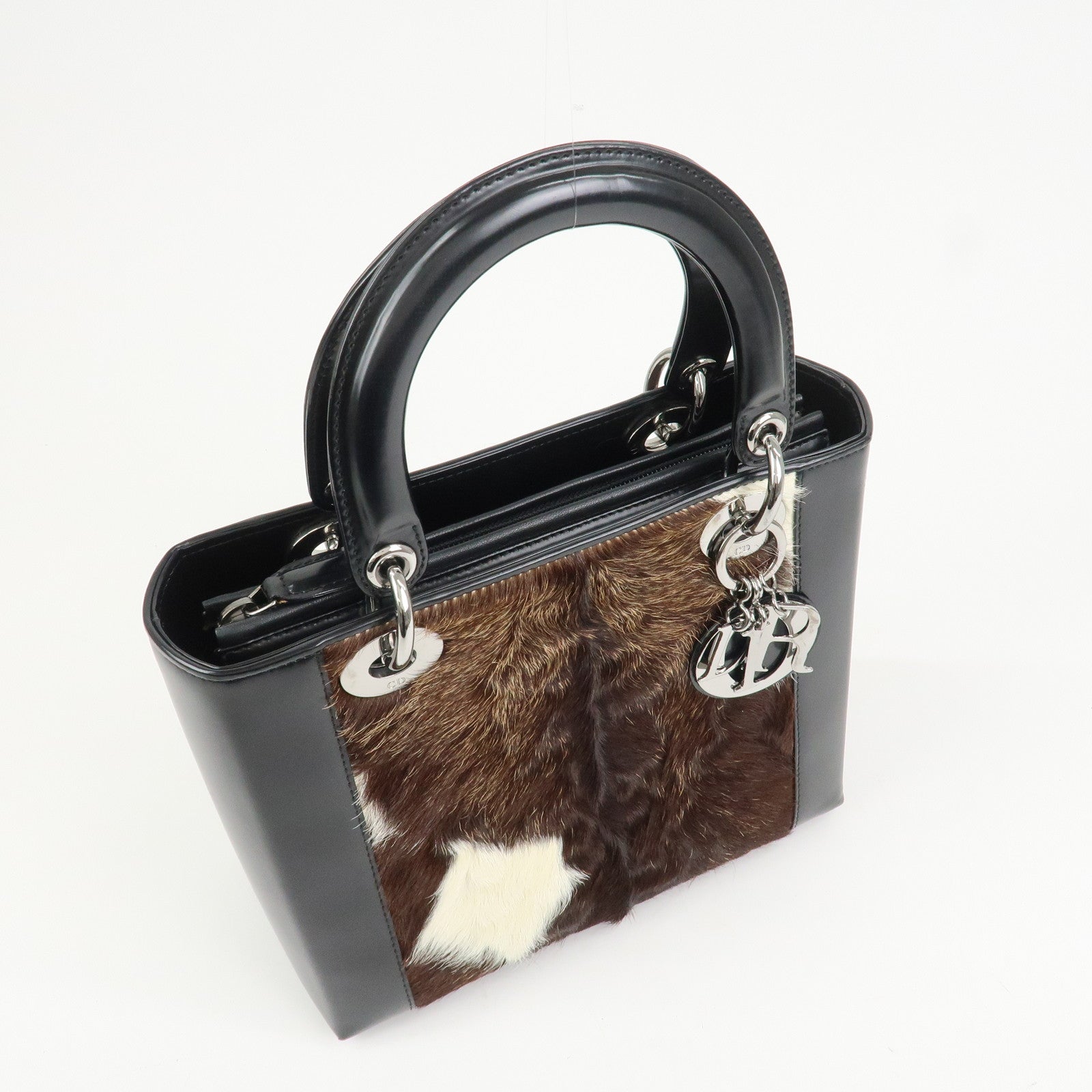 Christian Dior Lady Dior Unborn Calf Patent Leather Hand Bag Black