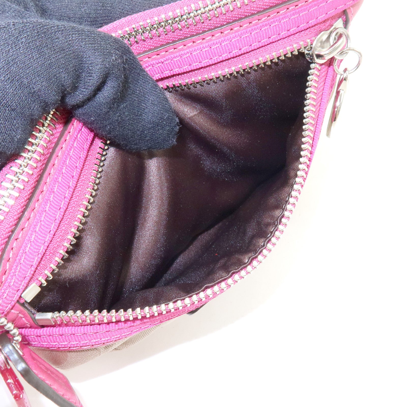 COACH Poppy Signature Nylon Leather Hand Bag Beige Pink