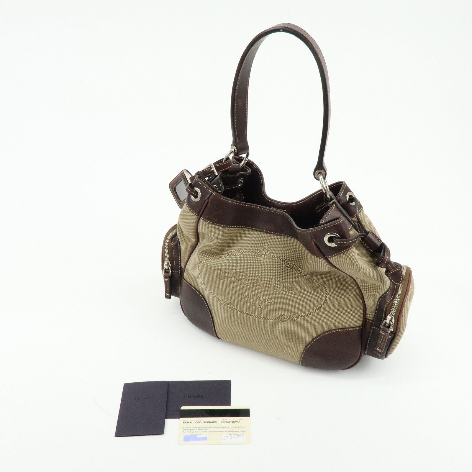 PRADA Logo Jacquard Canvas Embossed Leather Shoulder Bag BR3433