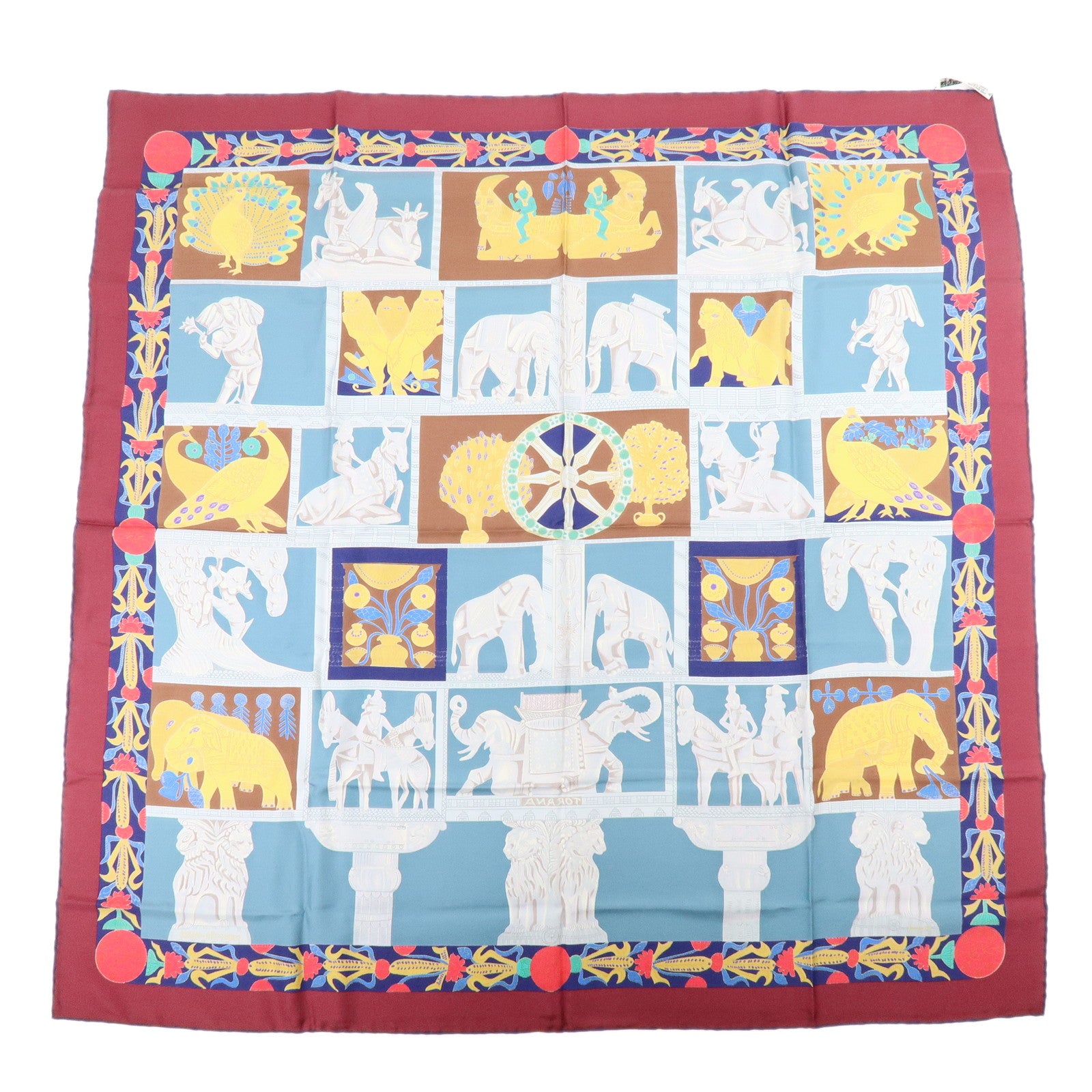 HERMES Carre 90 Silk 100% Scarf TORANA Blue Green Gold