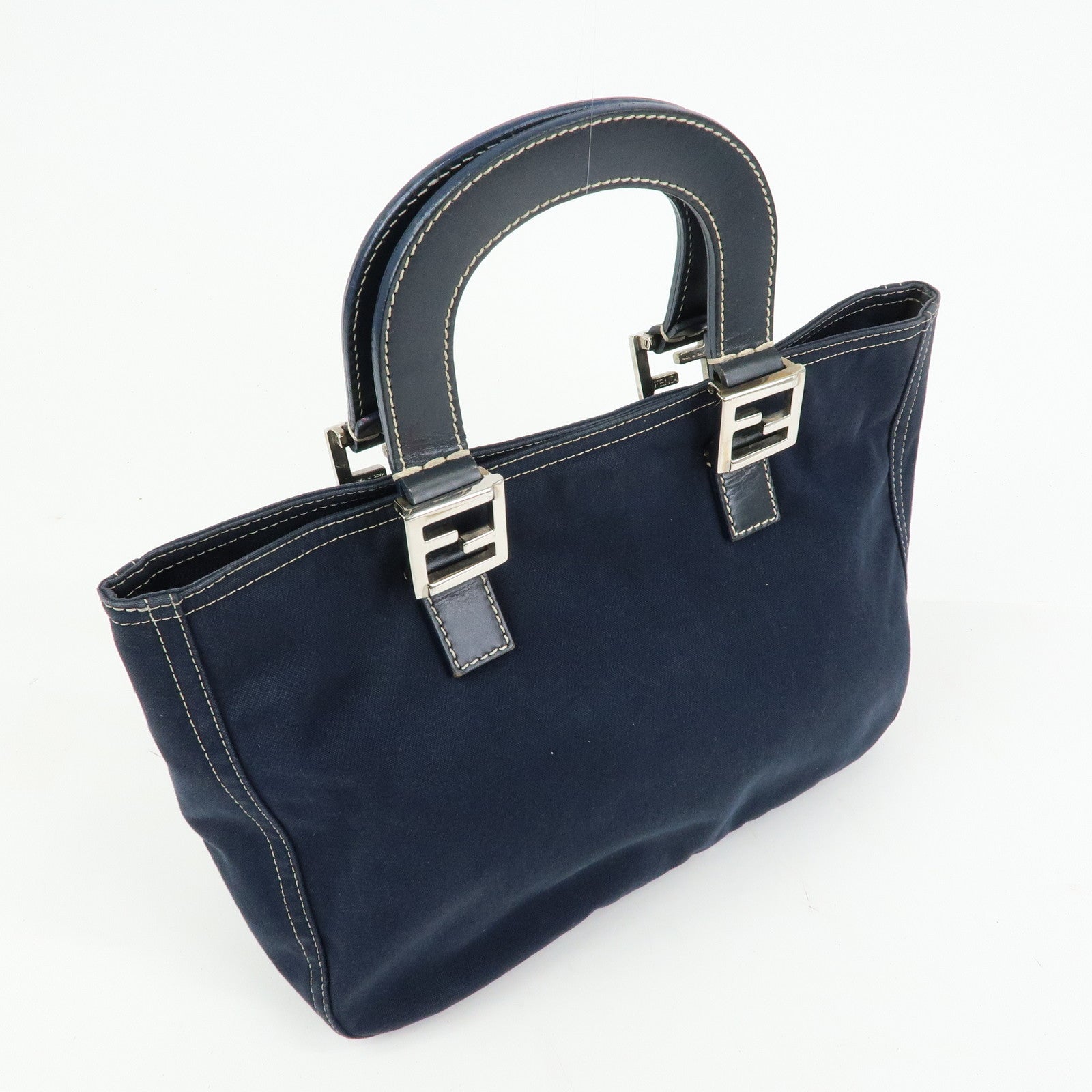 FENDI Canvas Leather Tote Bag Hand Bag Navy