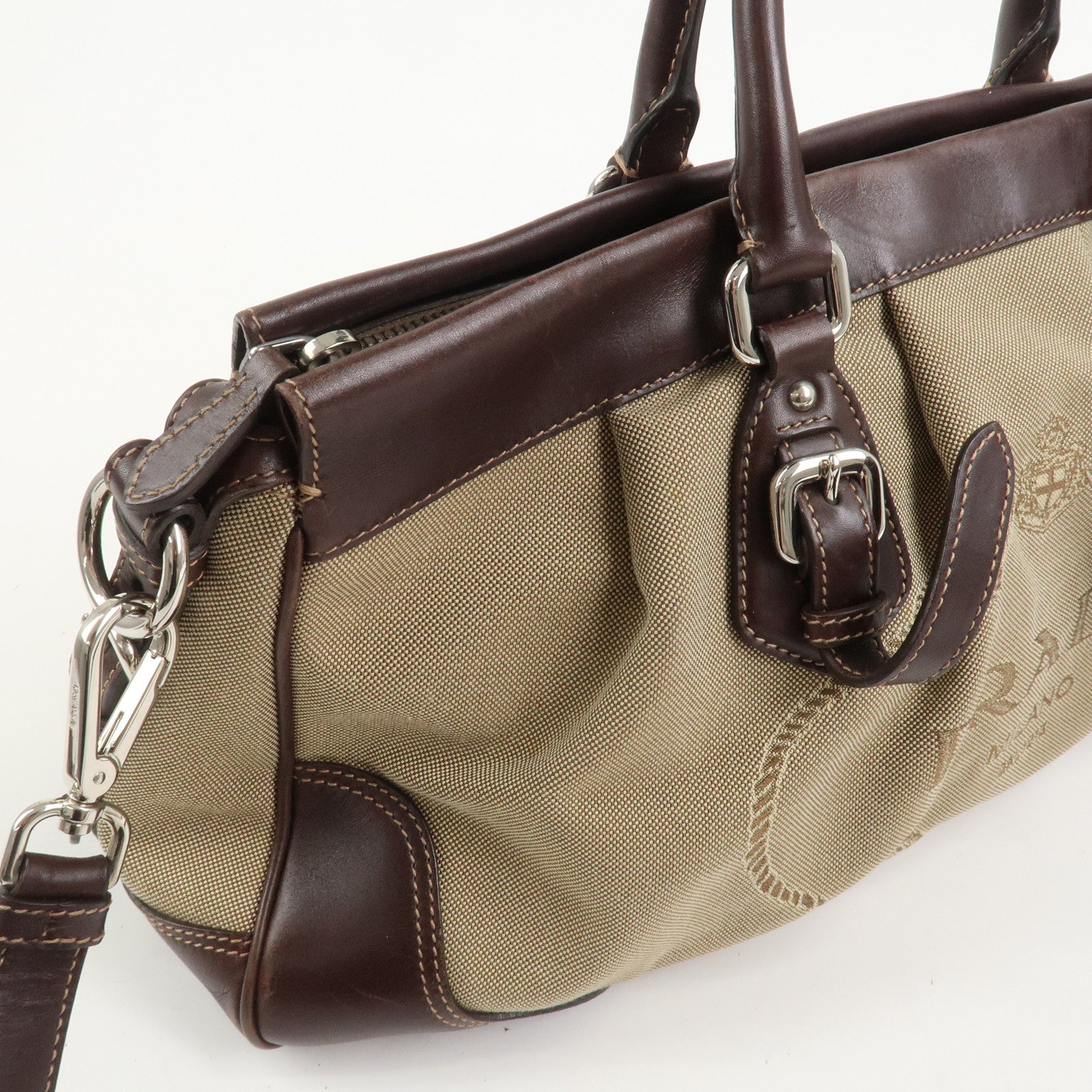 PRADA Logo Canvas Leather 2Way Bag Shoulder Bag Hand Bag Brown