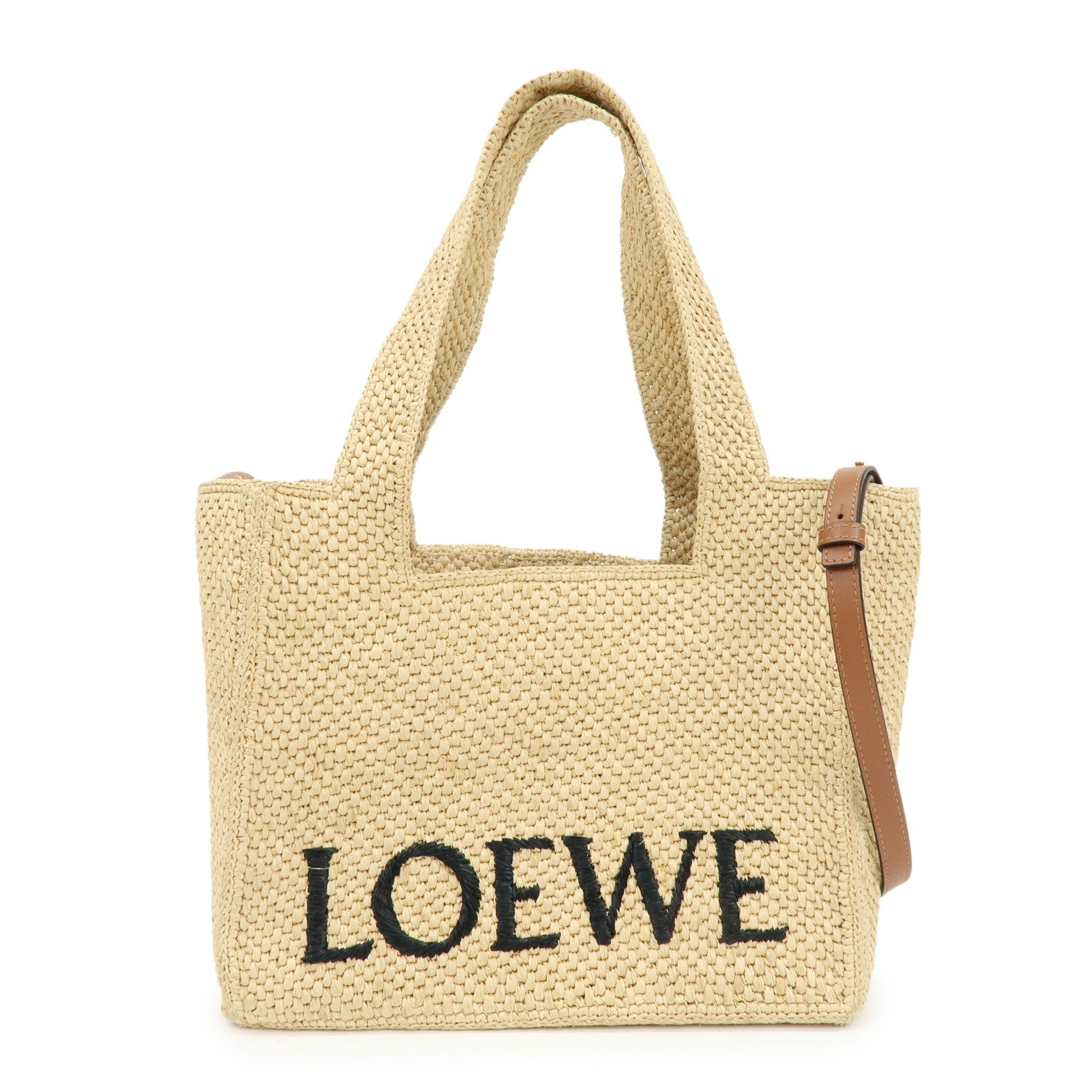 LOEWE Font Tote Raffia Leather 2Way Bag Tote Bag Shoulder Bag Beige