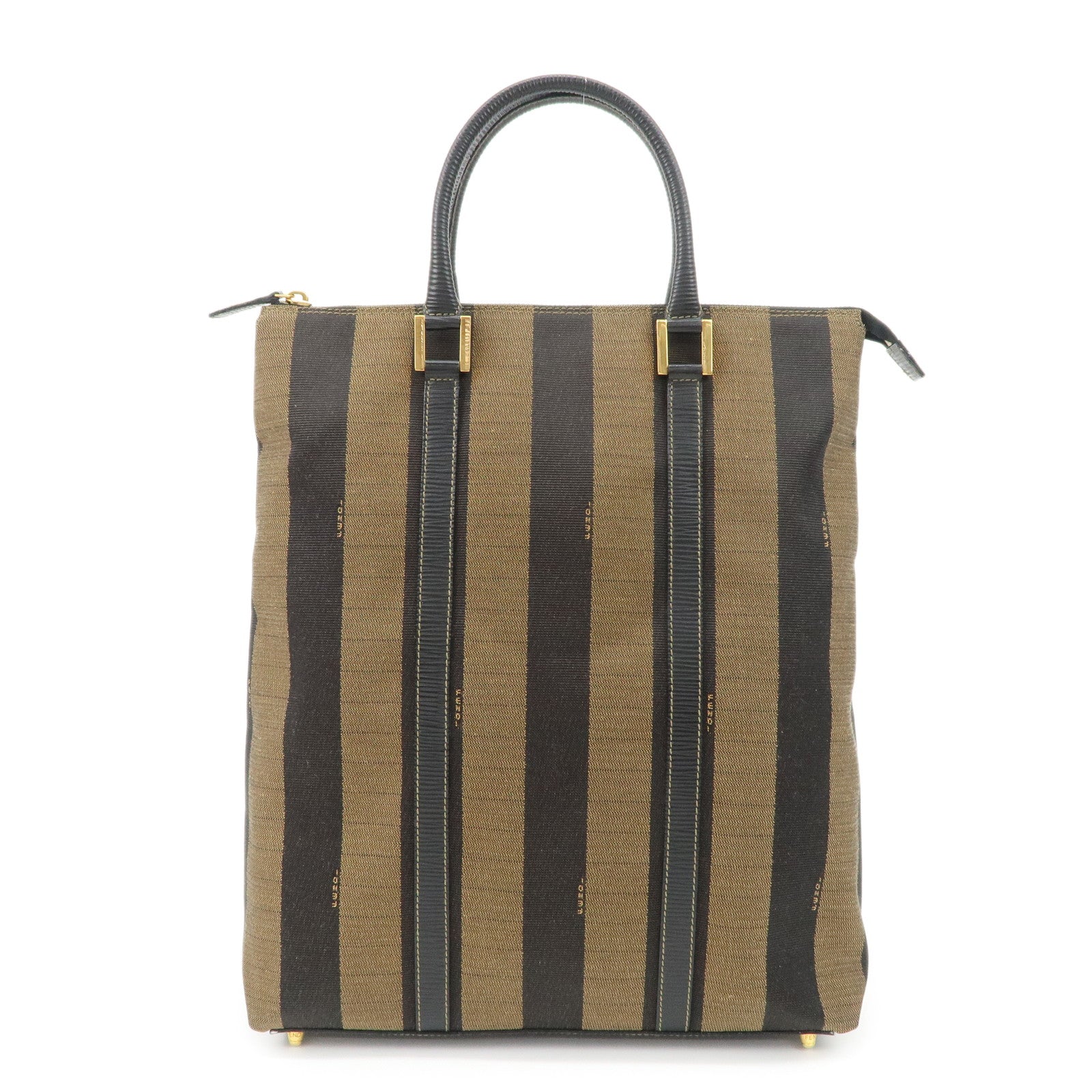 FENDI Pequin Canvas Leather Hand Bag Tote Bag Black Brown