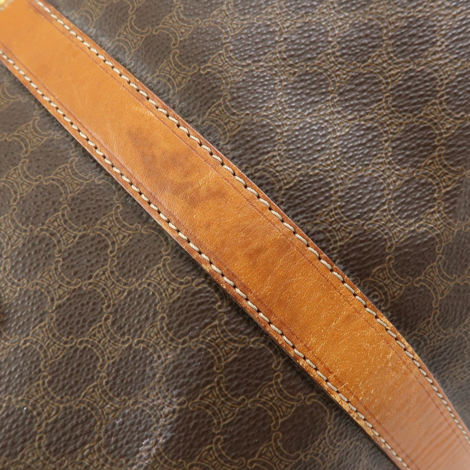 CELINE Logo Macadam PVC Leather Boston Bag Hand Bag Brown
