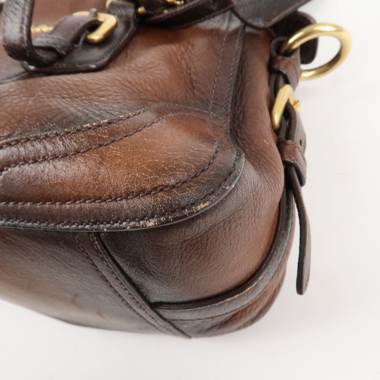 PRADA Logo Leather 2WAY Tote Bag Hand Bag Brown Gold Hardware Used