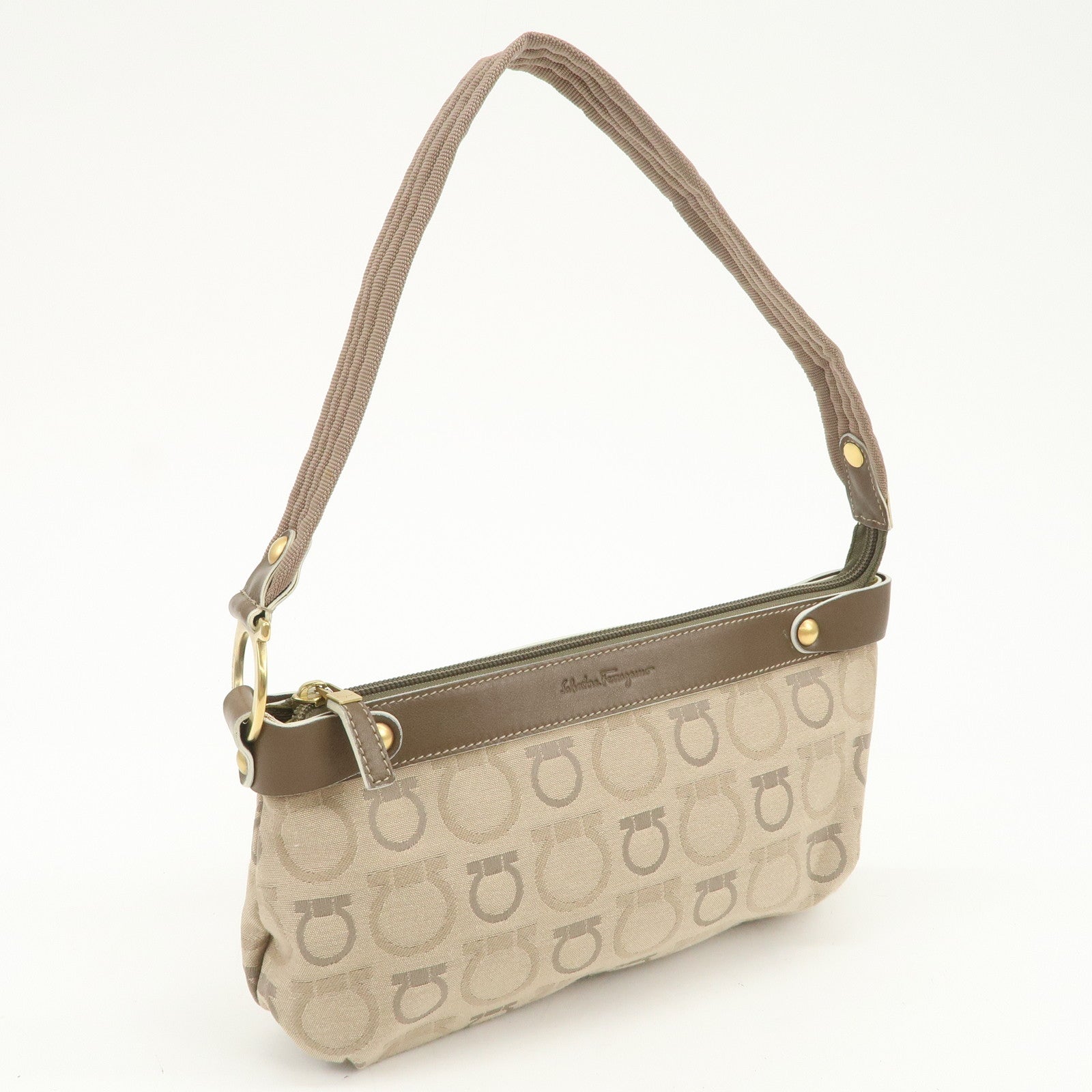 Ferragamo Gancini Canvas Leather Shoulder Bag Hand Bag Beige Brown