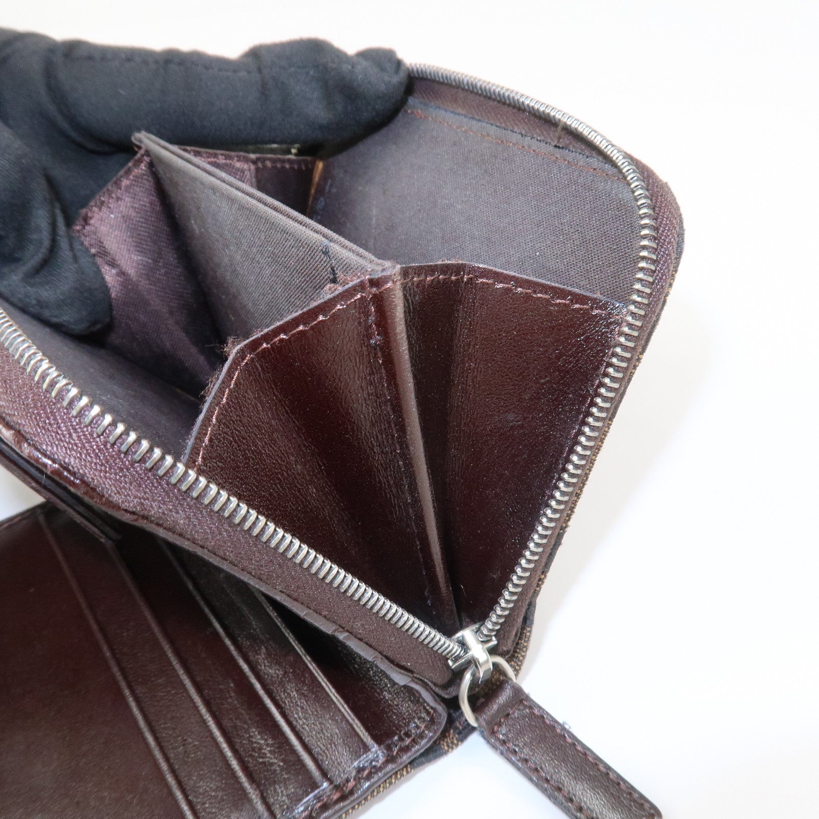 FENDI Zucca Canvas Leather Bi-fold Compact Wallet Brown Black 16348