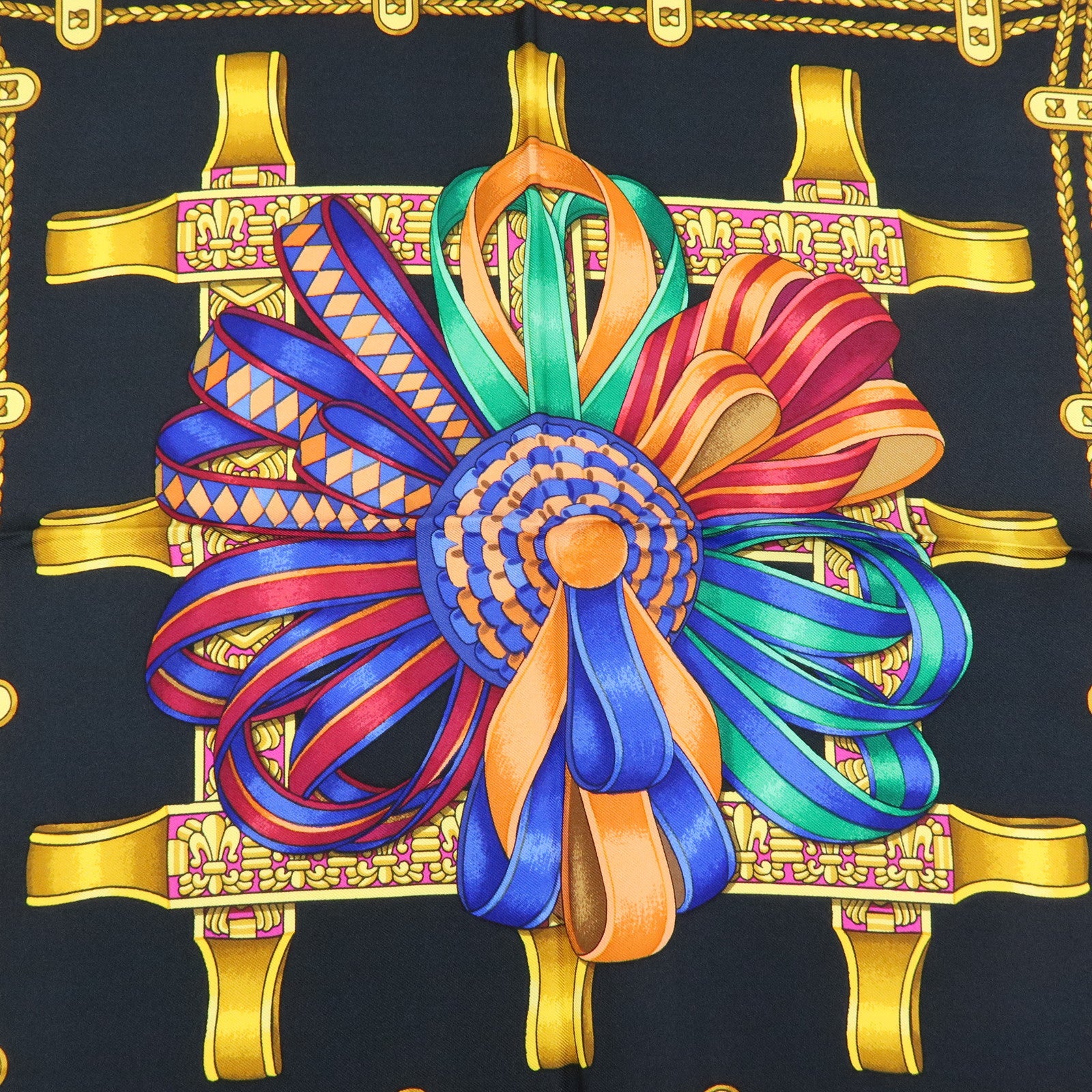 HERMES Carre 90 Silk 100% LES RUBANS DU CHEVAL Scarf Black