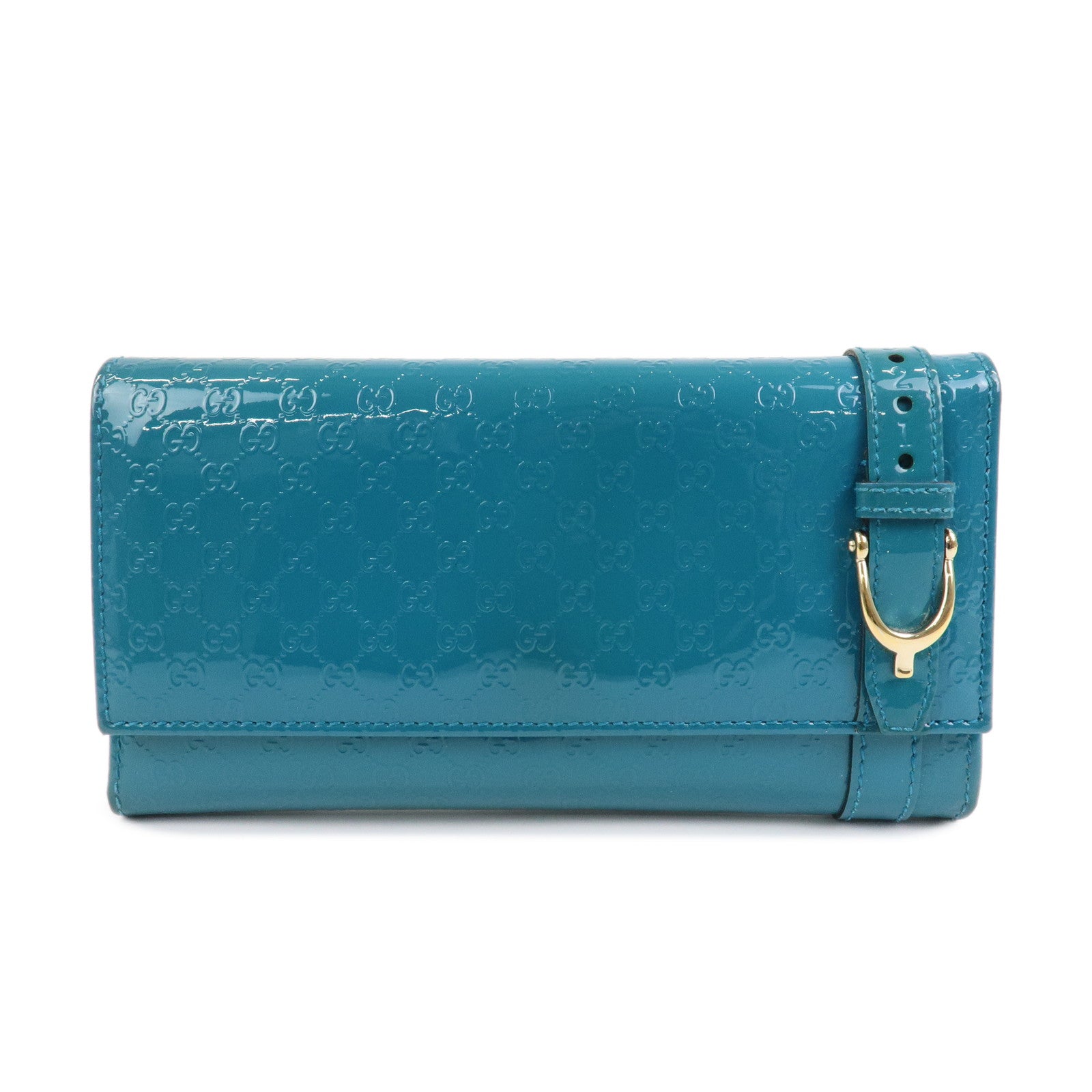 GUCCI Patent Leather Flap Long Wallet Blue Green 309760