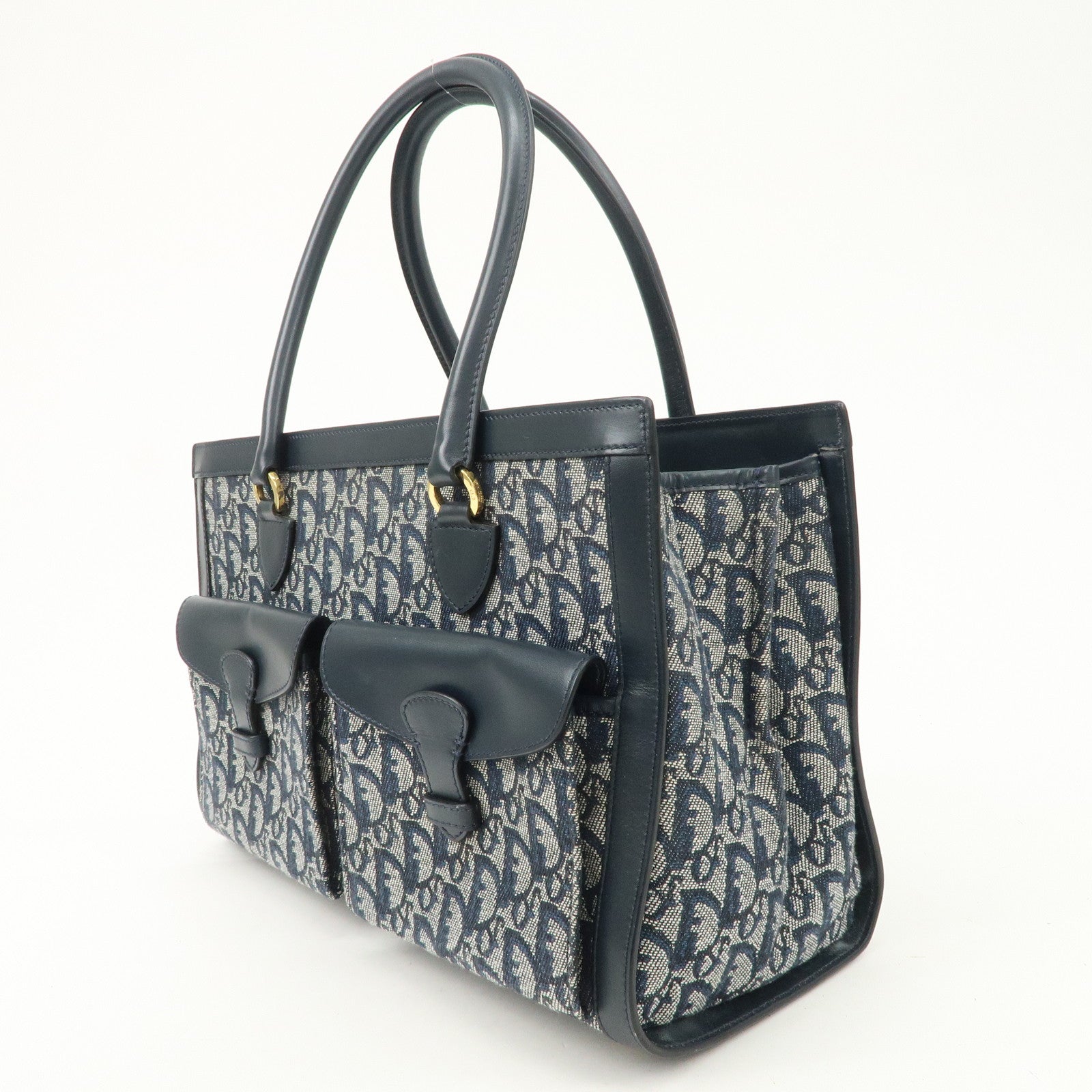 Christian Dior Trotter Canvas Leather Tote Bag Hand Bag Navy Used